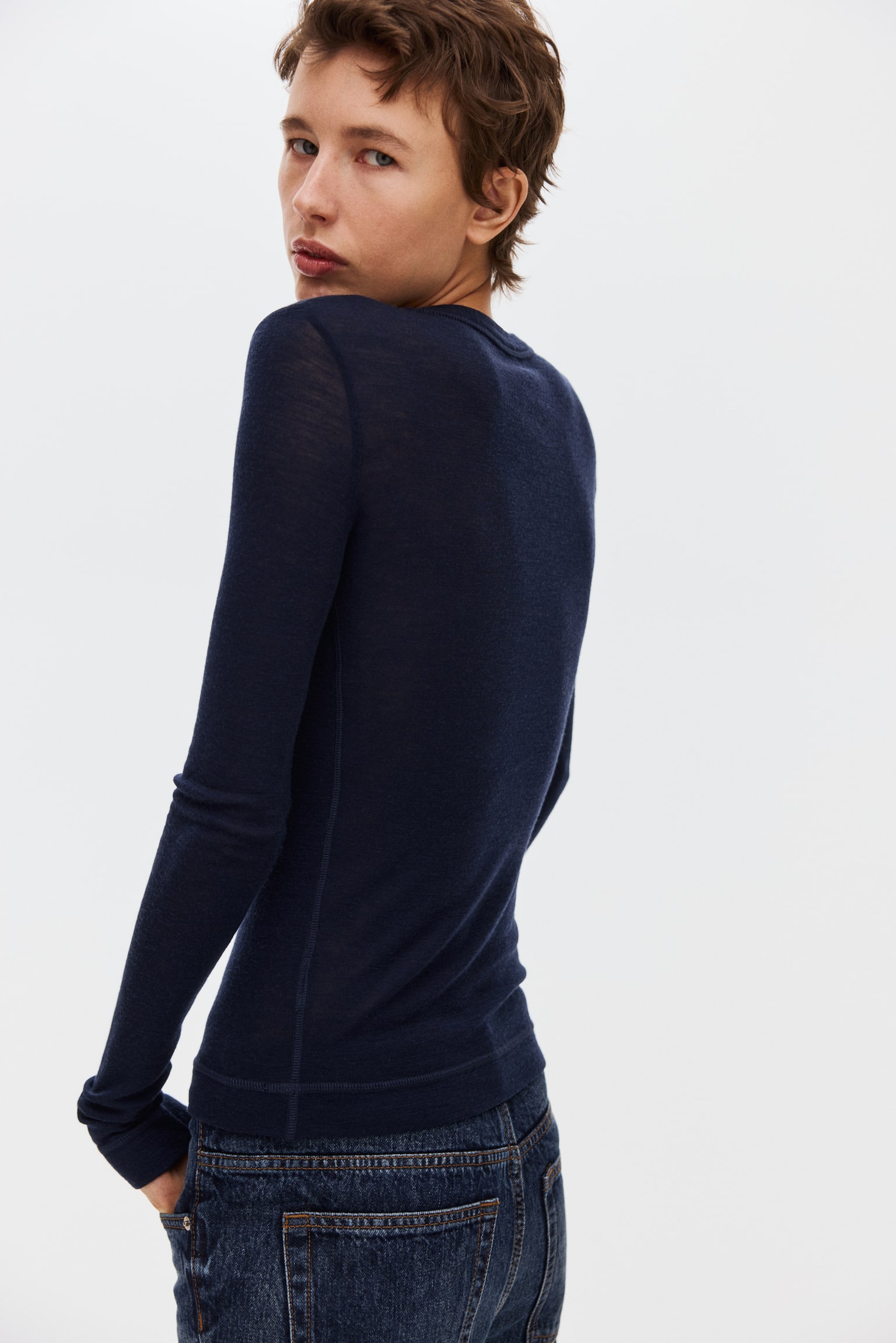 Fine-knit wool top - Navy blue/Pale greige/Beige/Mustard yellow/Dark brown - 4