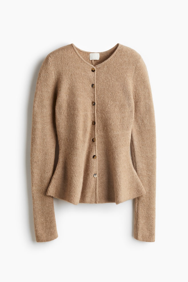 Rib-Knit Peplum Cardigan - Beige melange/Cream/Dark gray melange - 1