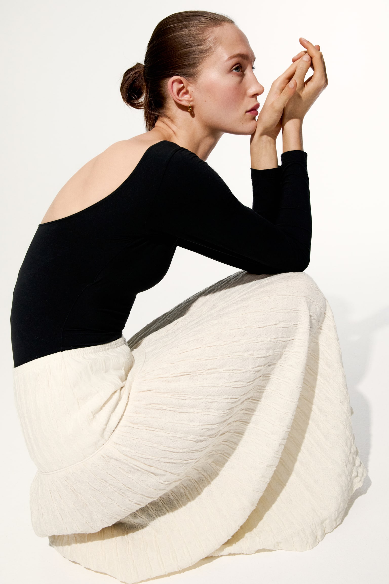 Textured jersey midi skirt - Cream/Dark brown - 5