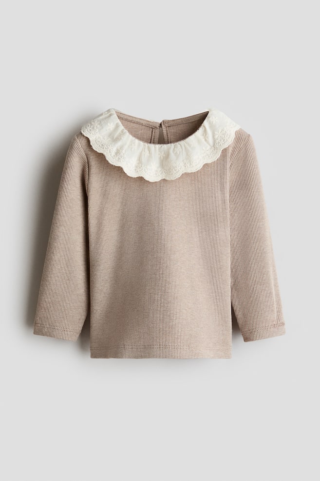Camiseta en punto de canalé con cuello bobo - Topo claro/Crema/Rayas grises/Violeta claro - 1