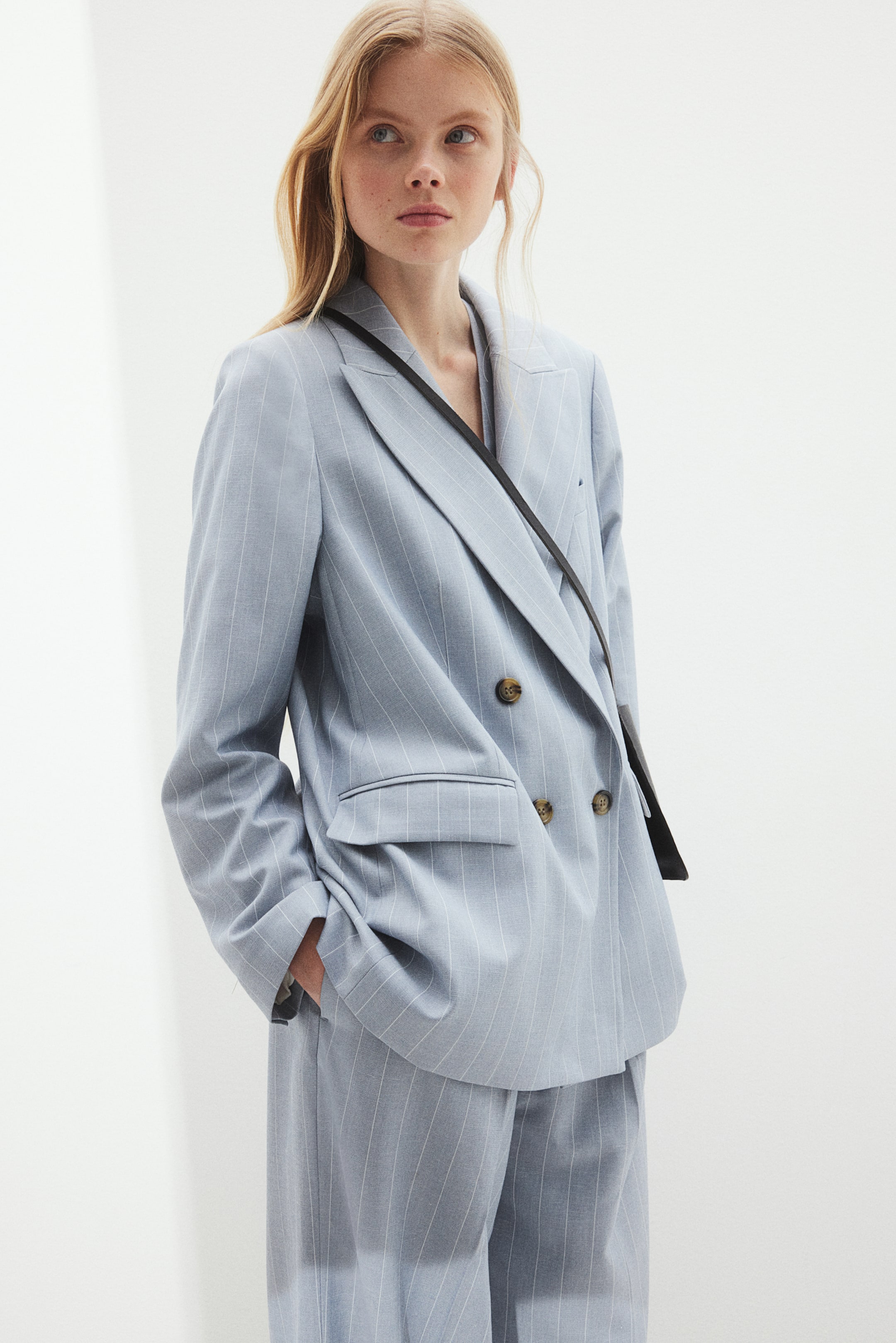 Oversized double-breasted blazer - Light dusty blue/Pinstriped - Ladies ...