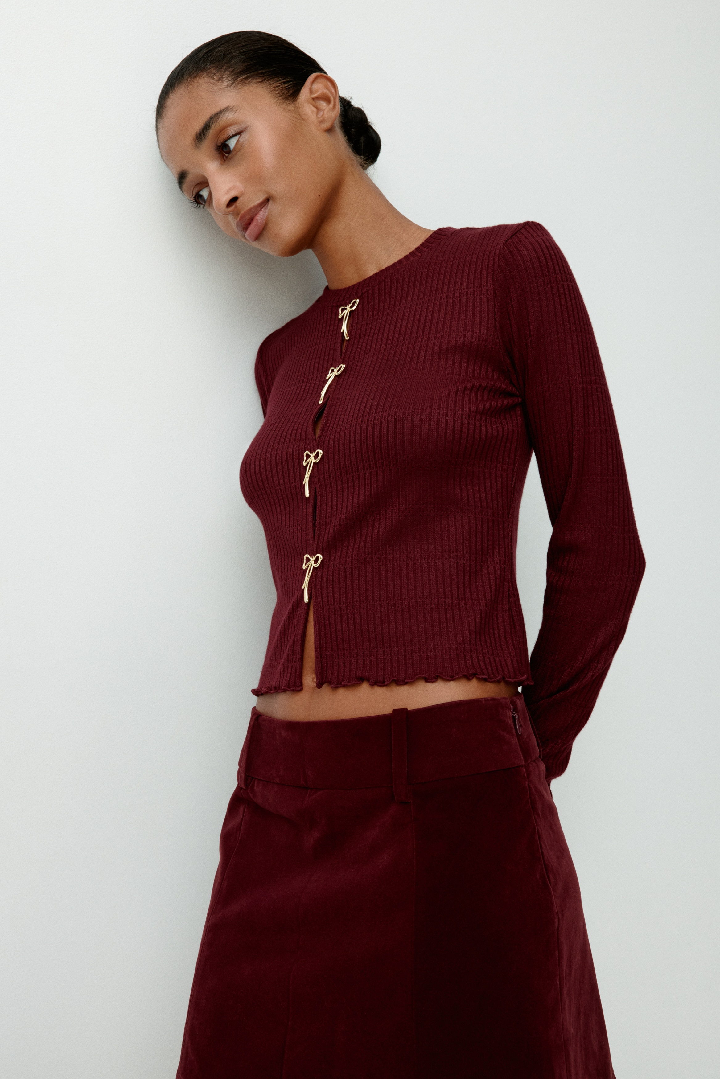 H & M - リボンディテール リブトップス - レッド