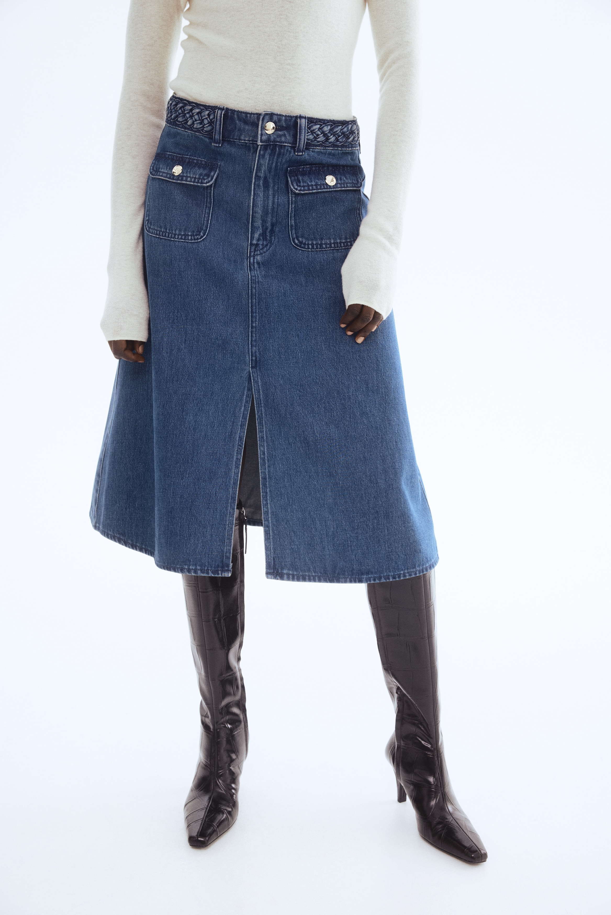 Braided-trim denim skirt