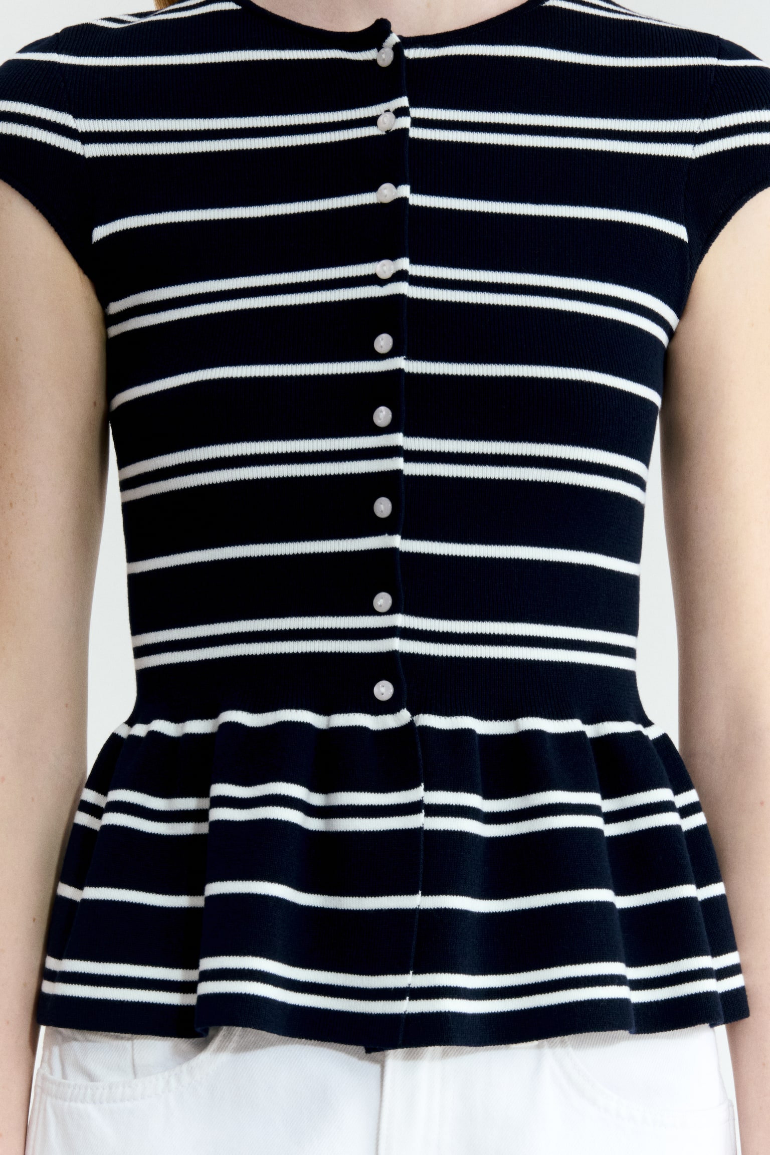 Cardigan cu mâneci scurte și peplum - Negru/dungi albe/Crem/dungi/Roșu-burgund - 5
