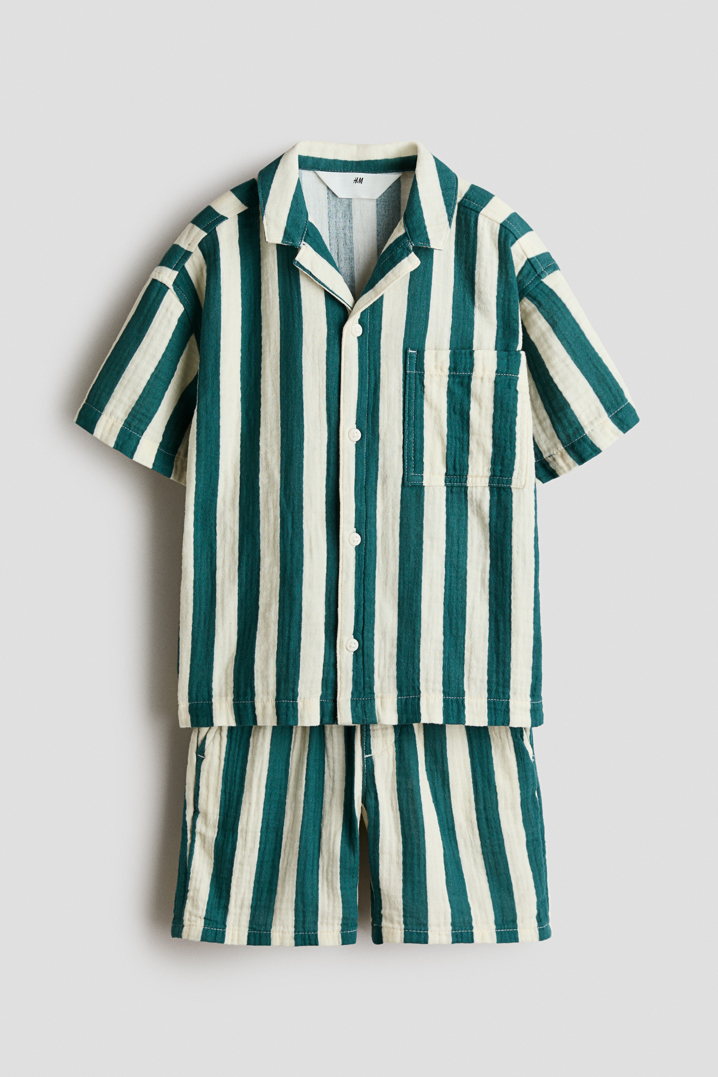 Conjunto de 2 piezas en muselina de algodón - Verde/Rayas beige/Azul oscuro/Crema/Barcos/Blanco/Rayas amarillas