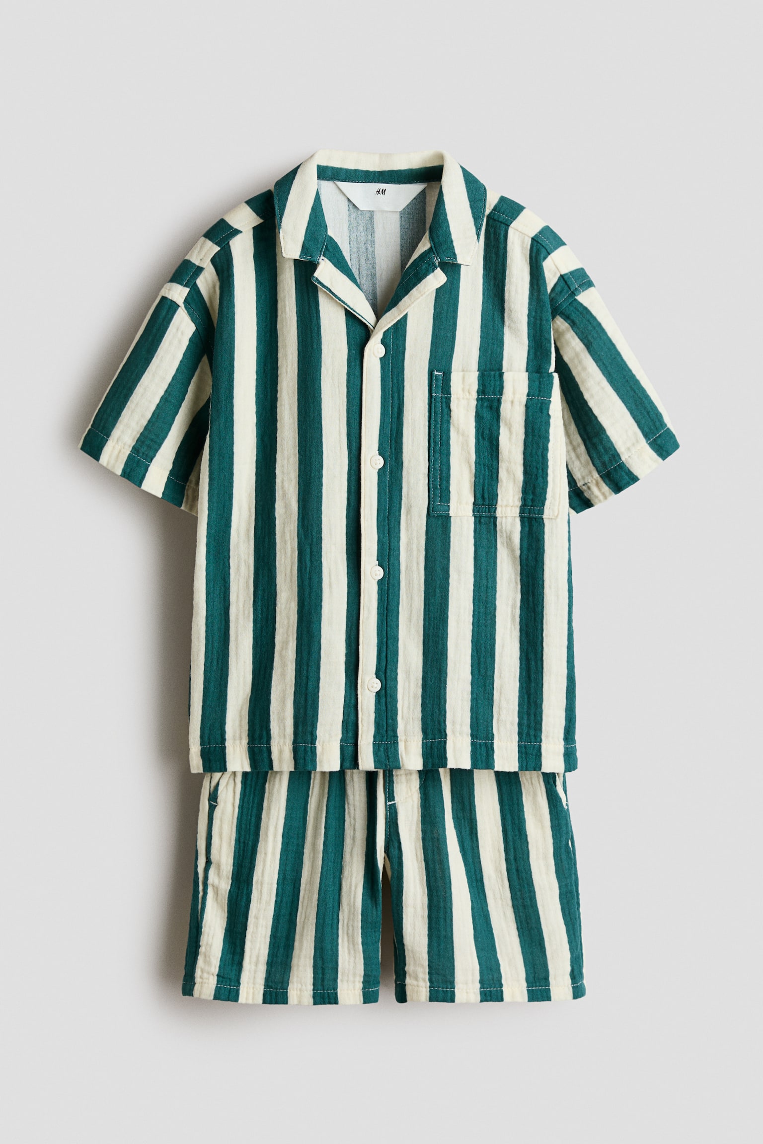 2-piece cotton muslin set - Green/Beige striped - 1