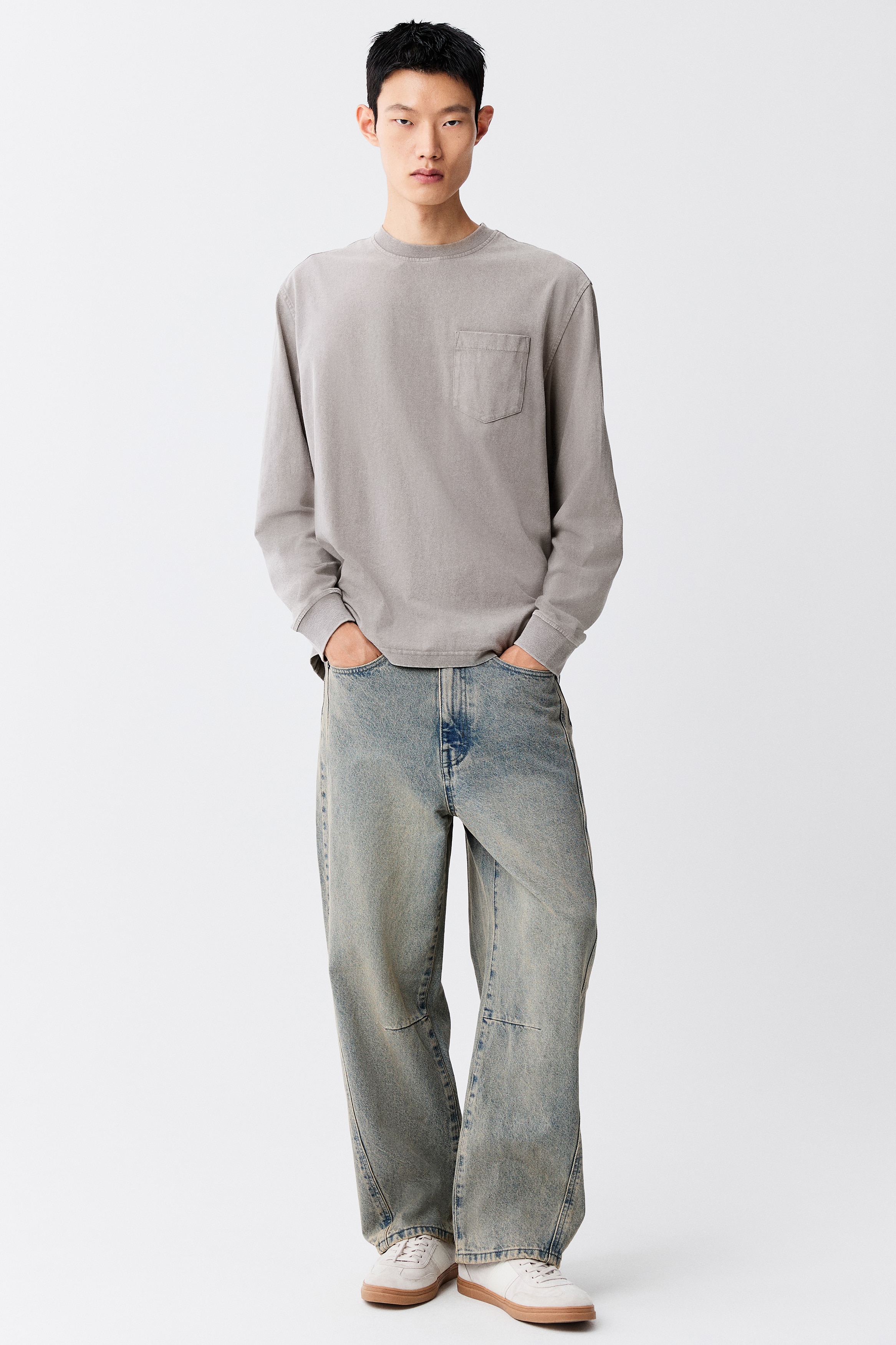 Loose-Fit Long-Sleeved Shirt - Dusty khaki green/Black/Beige