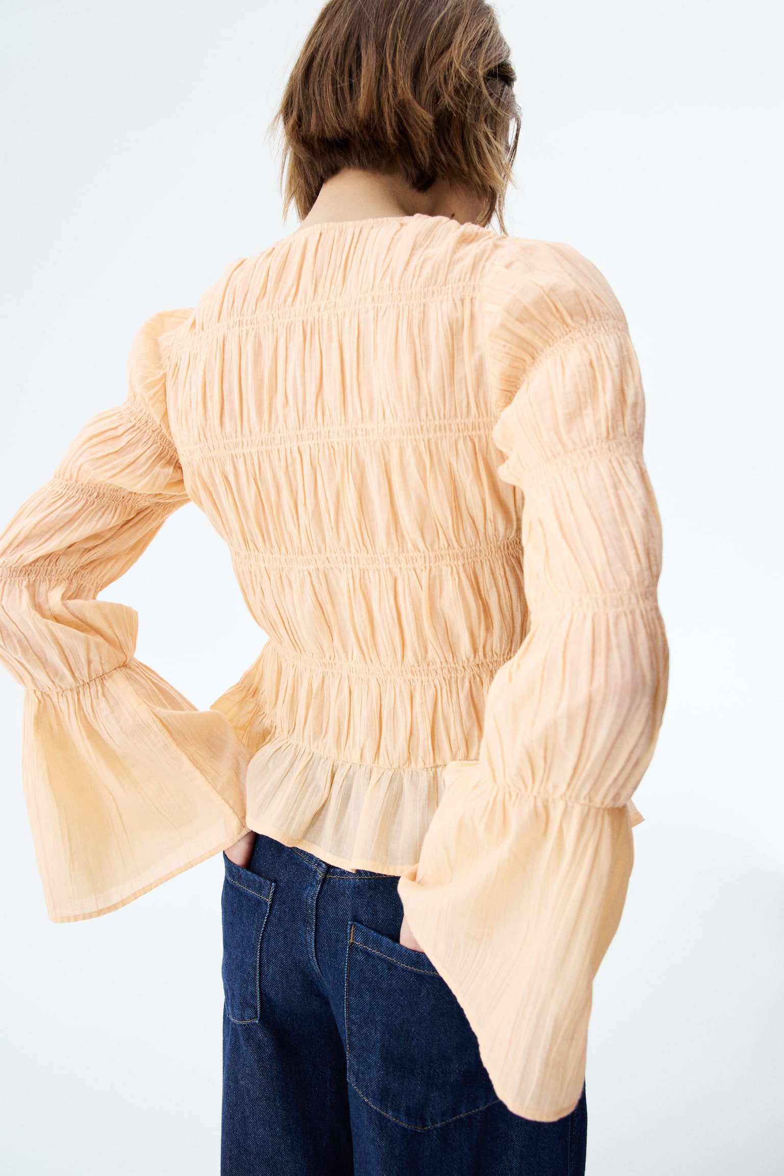 Smocked cotton blouse - Light beige/Dark brown - 6
