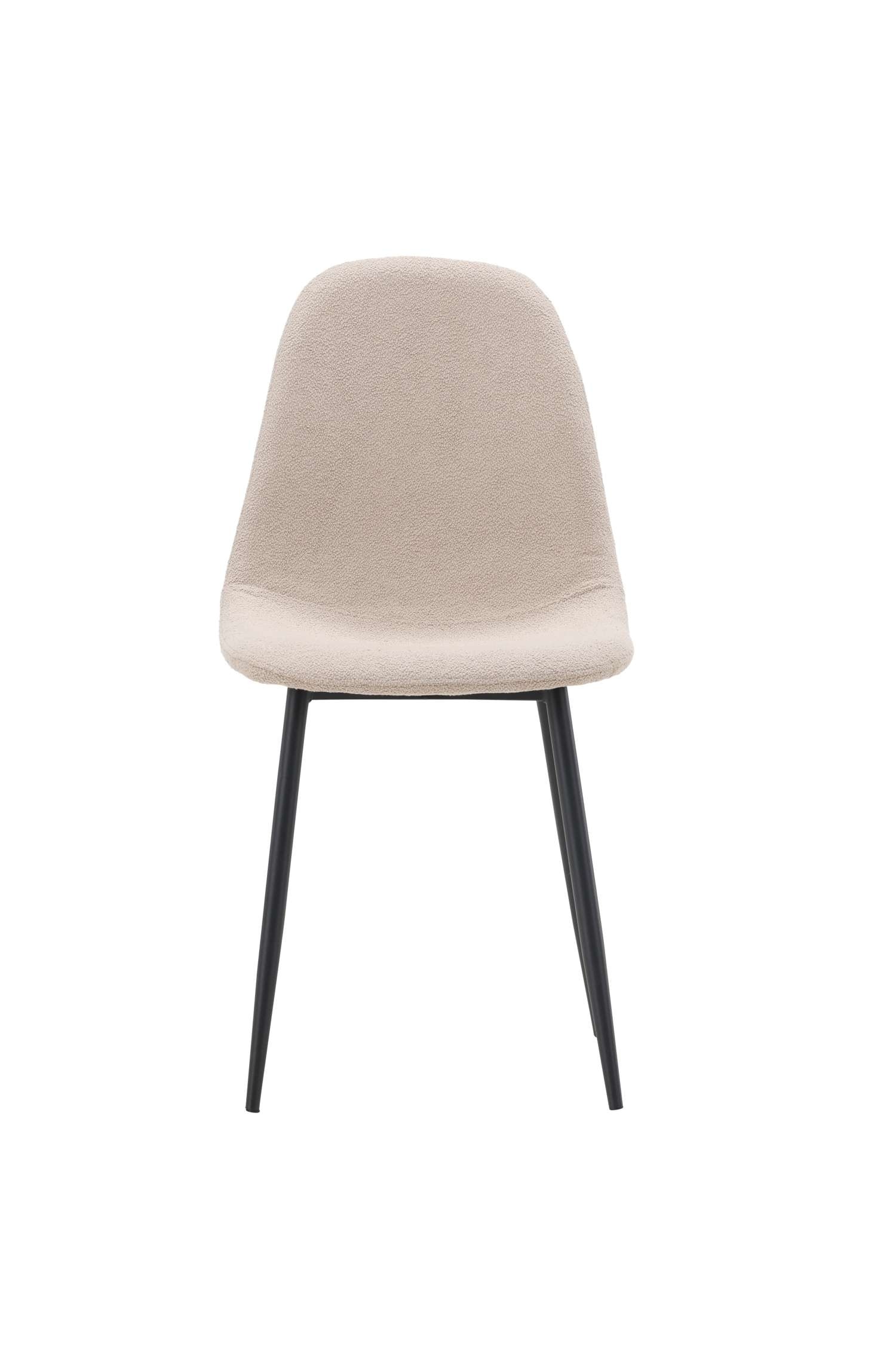 Ein Esszimmerstuhl prÃ¤sentiert eine konturierte, aus einem StÃ¼ck gefertigte Sitz- und RÃ¼ckenlehne, bezogen mit einem strukturierten, hellbeigen BouclÃ©-Stoff. Der Stuhl steht auf vier konisch zulaufenden schwarzen Metallbeinen und ist leicht nach rechts geneigt, um seine geschwungene Silhouette zu zeigen.