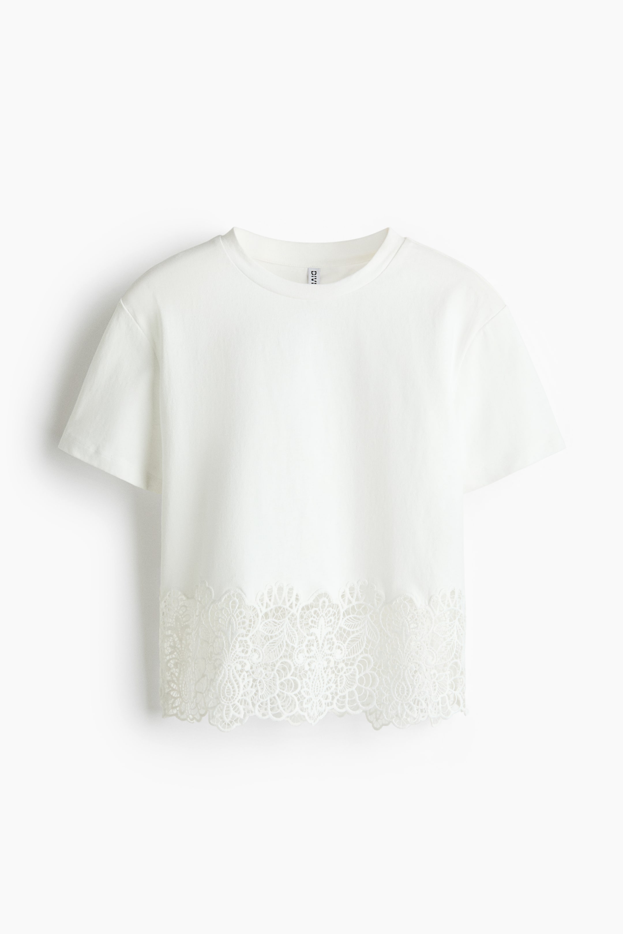 View larger image: A cotton-jersey T-shirt shown from the front. It features a round, ribbed neckline, short sleeves, and a wide lace trim at the hem.