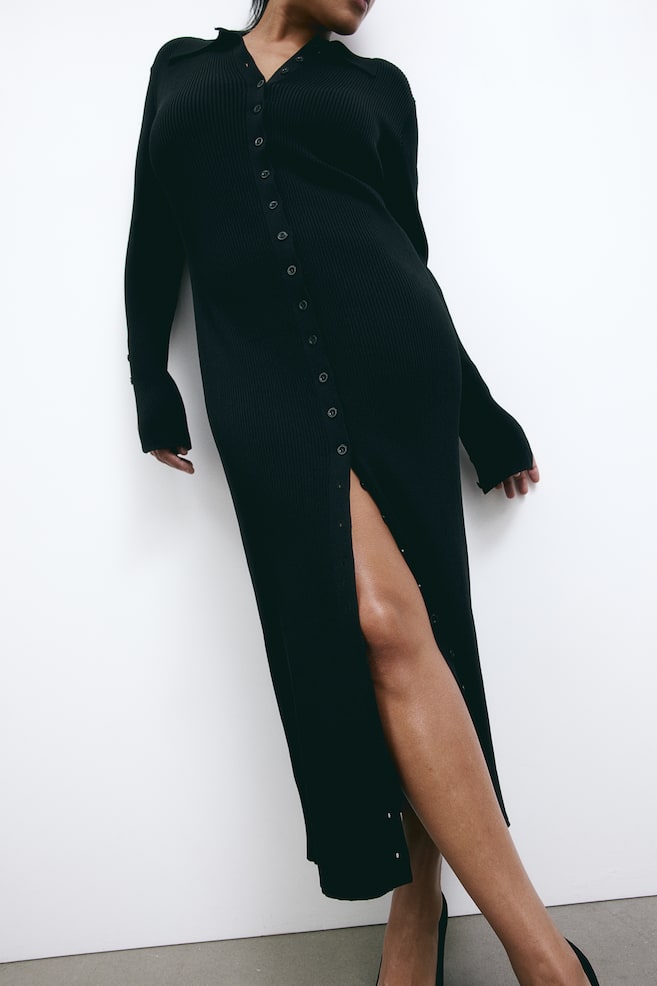 Rib-knit button-front dress - Black - 5