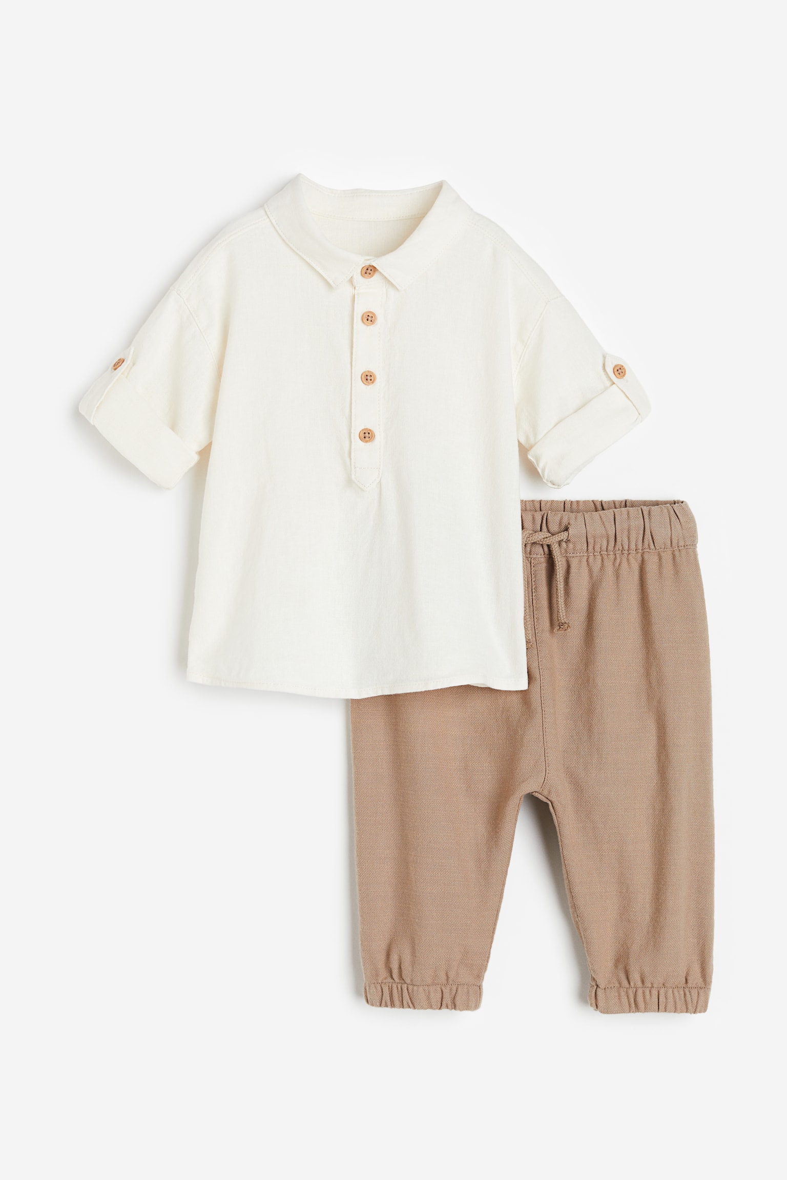 2-piece Shirt & Joggers Set - White/Beige - 1