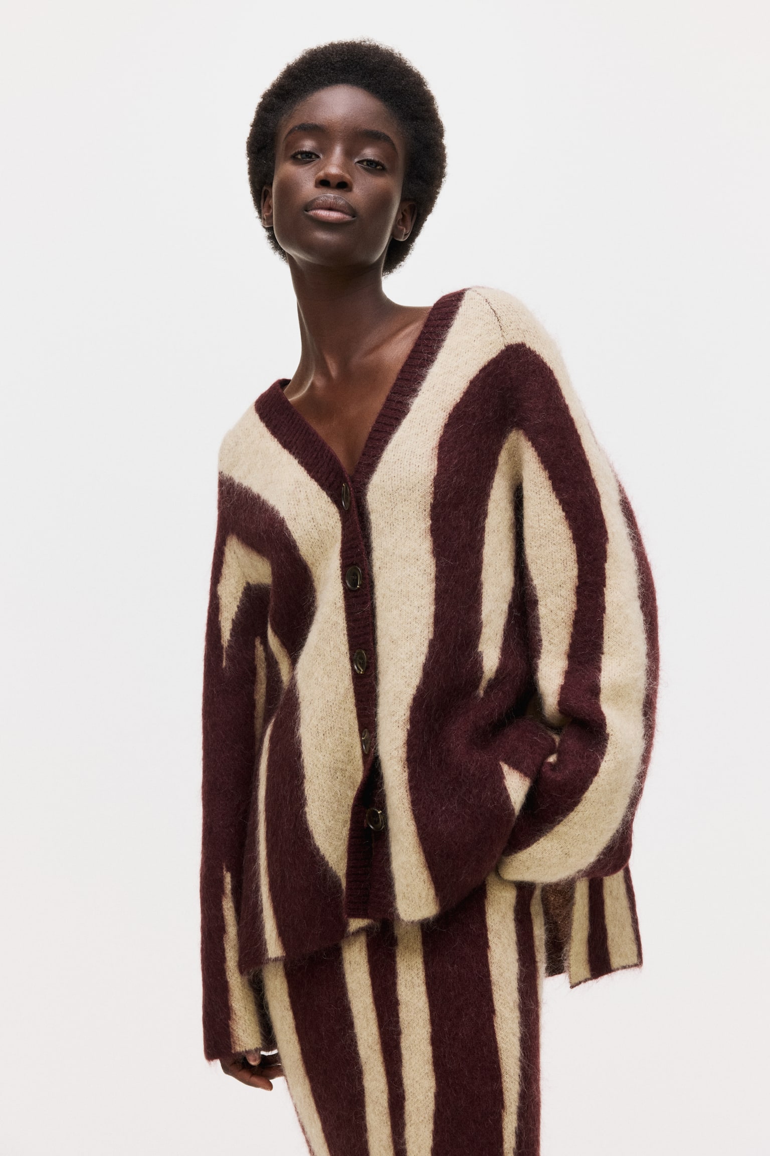 Jacquard-knit mohair-blend cardigan - Burgundy/Zebra print - 1