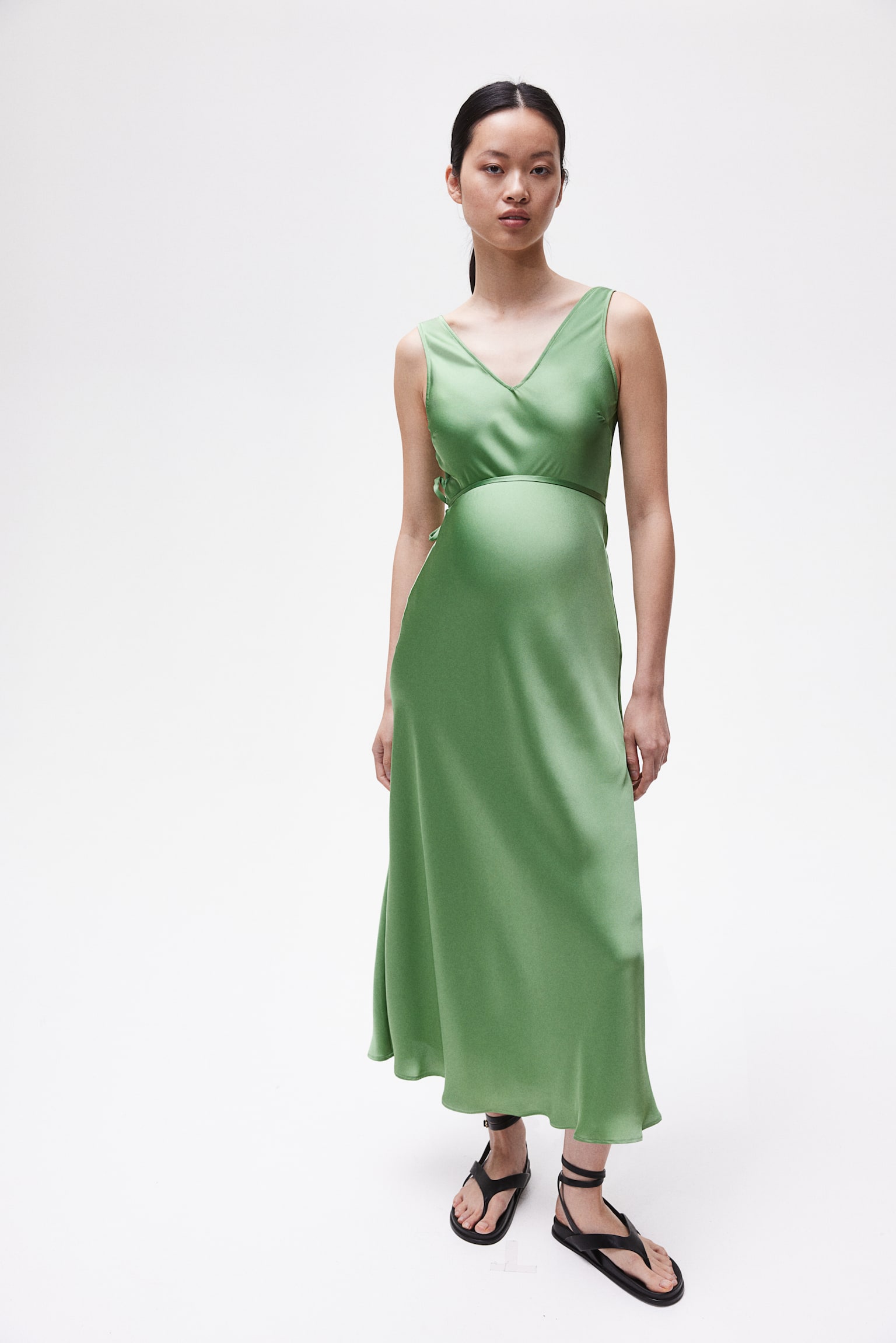 MAMA Tie Belt Satin Dress - Green/Black - 5