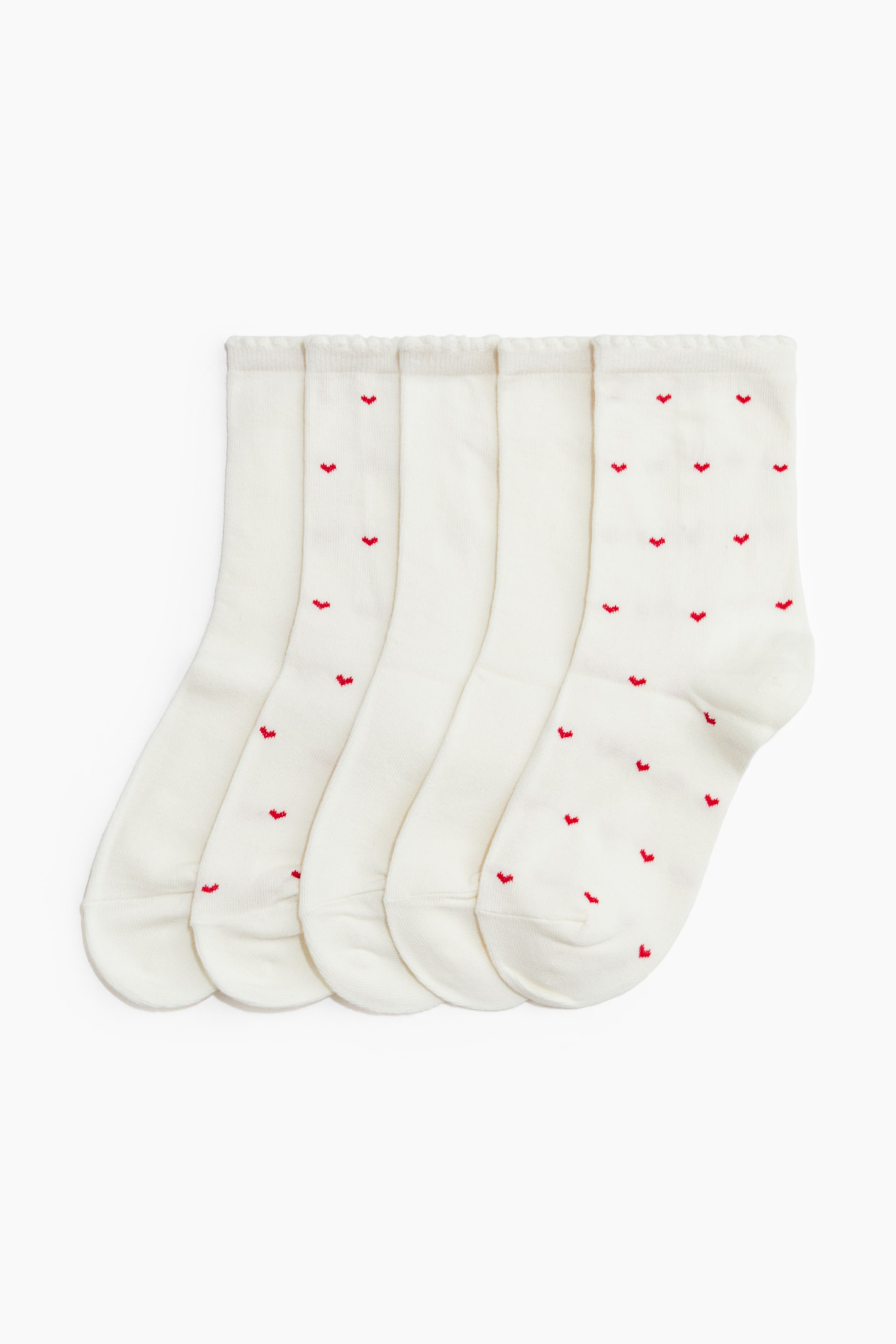 View larger image: Socks are lying flat, displaying a cream-colored, fine-knit texture with a scattered pattern of small red hearts. Their tops feature a scallop-edged, elasticated design.