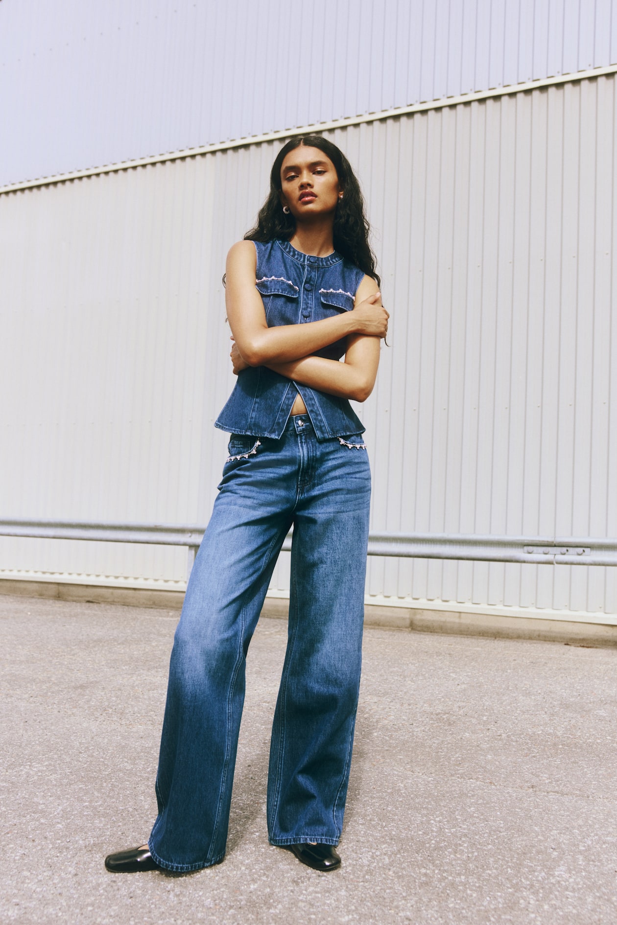 Wide High Jeans - Mörk denimblå/Svart - 1