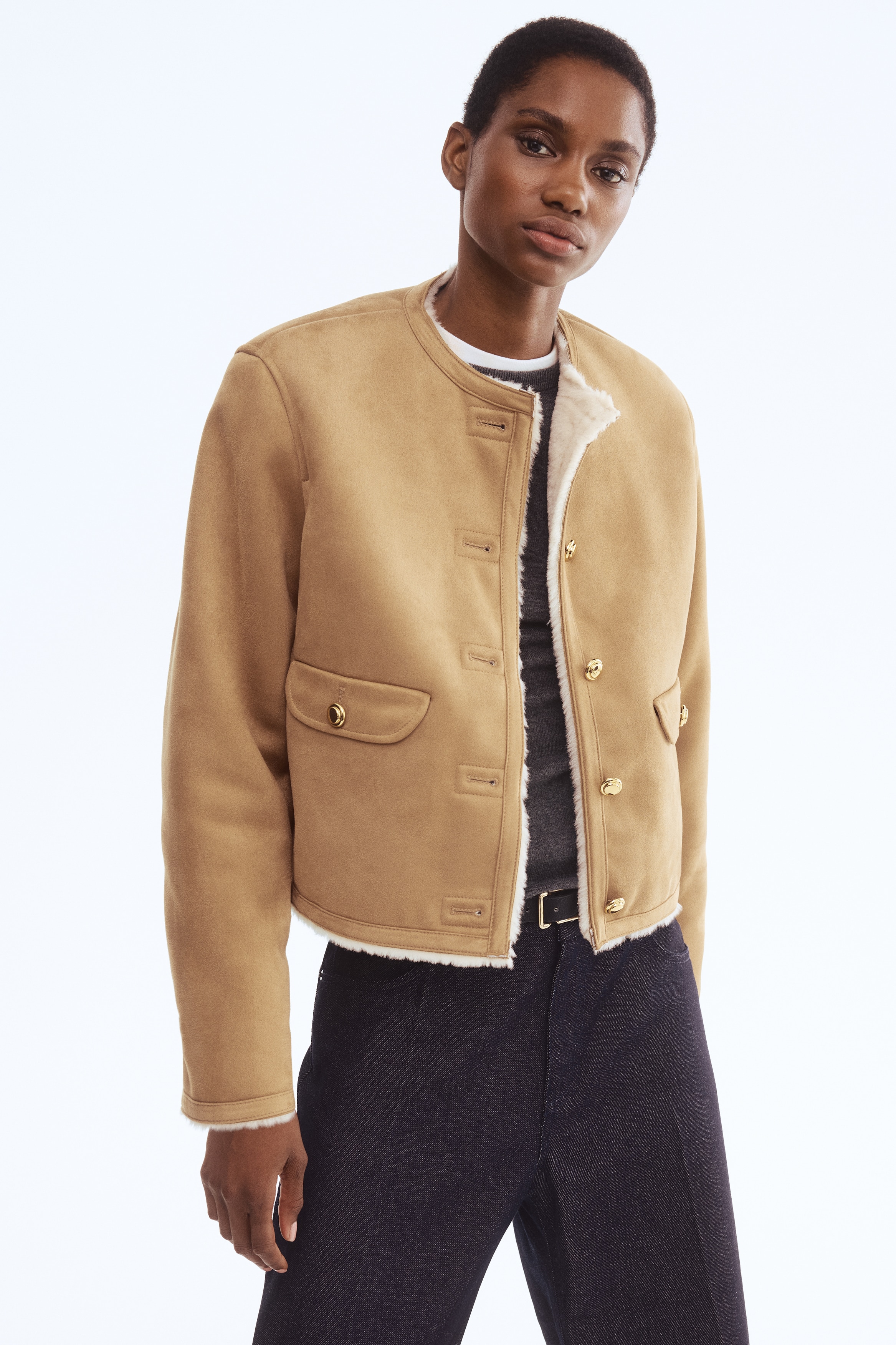 Ladies - Dark beige Pile-lined jacket - Size: XS  - H&M