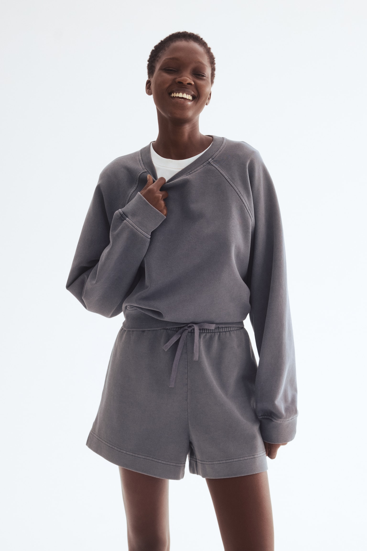 מכנסי טרנינג קצרים מכותנה במראה משופשף - אפור-כחול - 2