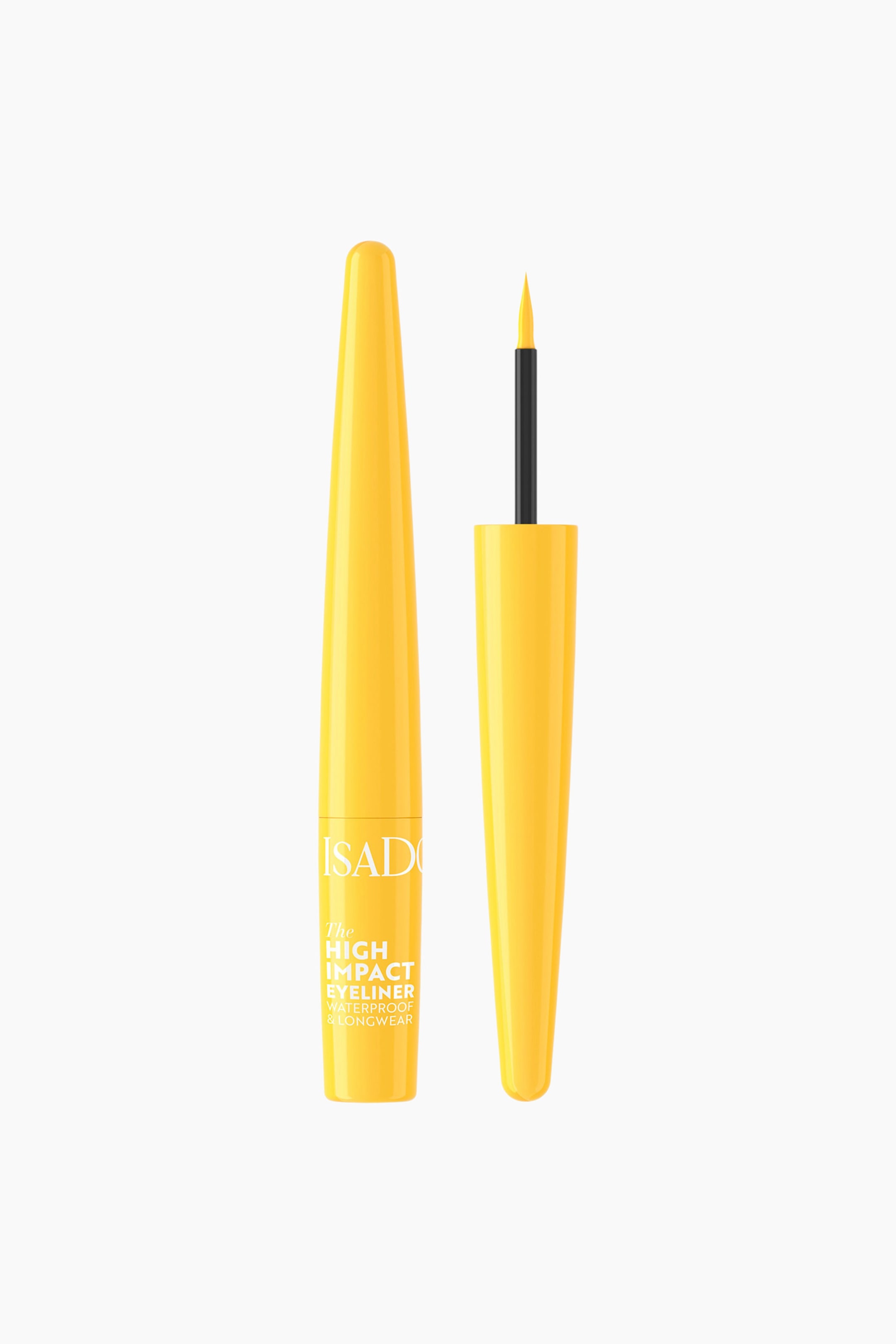 Vis større bilde: Et gult flytende eyelinerprodukt står oppreist, med hetten fjernet og lagt ved siden av hovedtuben. Hovedtuben viser hvit tekst som lyder "ISADORA The HIGH IMPACT EYELINER WATERPROOF & LONGWEAR," og hetten avslører en svart applikatorstav med en fin, spiss gul børstetupp.