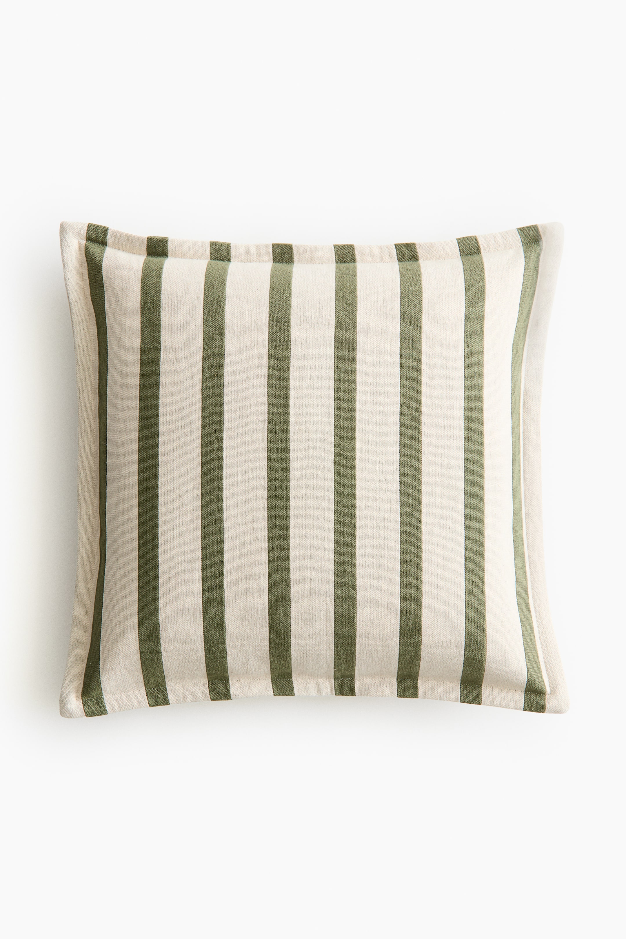 View larger image: A rectangular pillow showcases alternating vertical stripes in off-white and olive green, with a distinct seam border highlighting its shape.