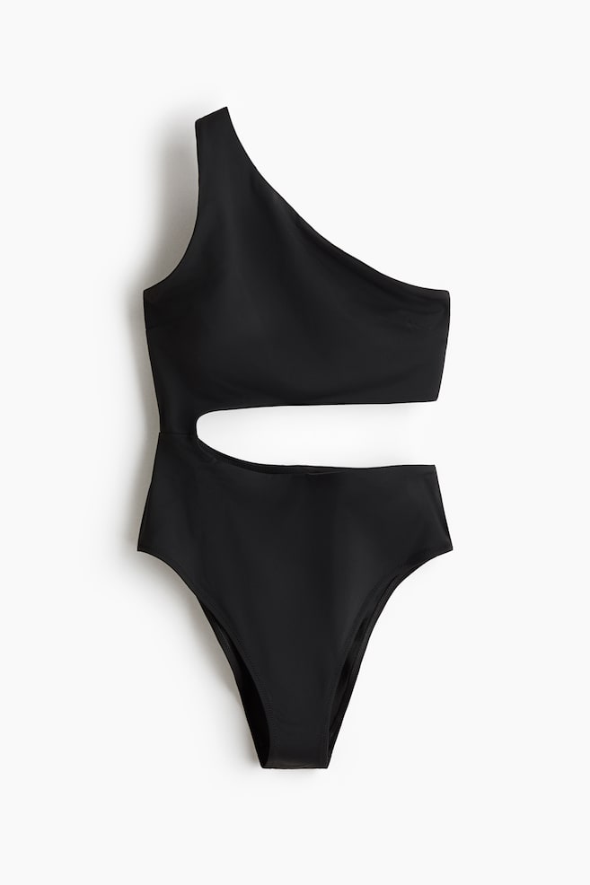 One-Shoulder-Badeanzug mit wattierten Cups - Schwarz/Schwarz/Polka Dots/Rot/Dunkelbraun/Geblümt - 1