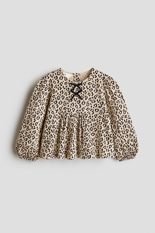 Blouse froissée avec nœud - Beige clair/imprimé léopard - 1