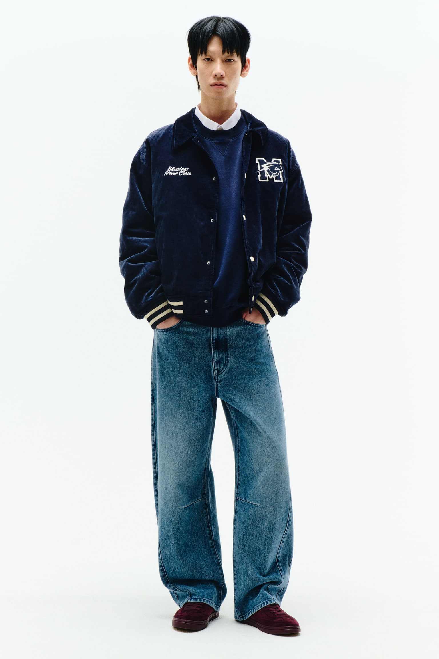 패딩 베이스볼 재킷 - 다크 블루/Blessings/베이지/Blessings Never Cease - 3