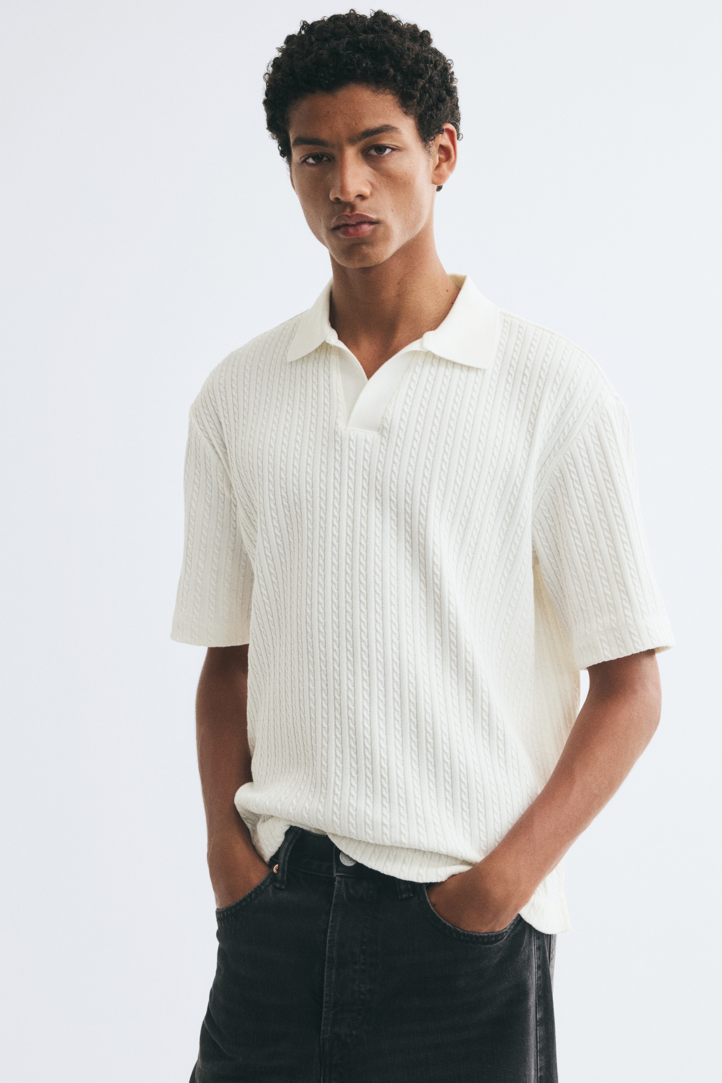 Relaxed Fit Cable-knit polo shirt - White/Dark blue