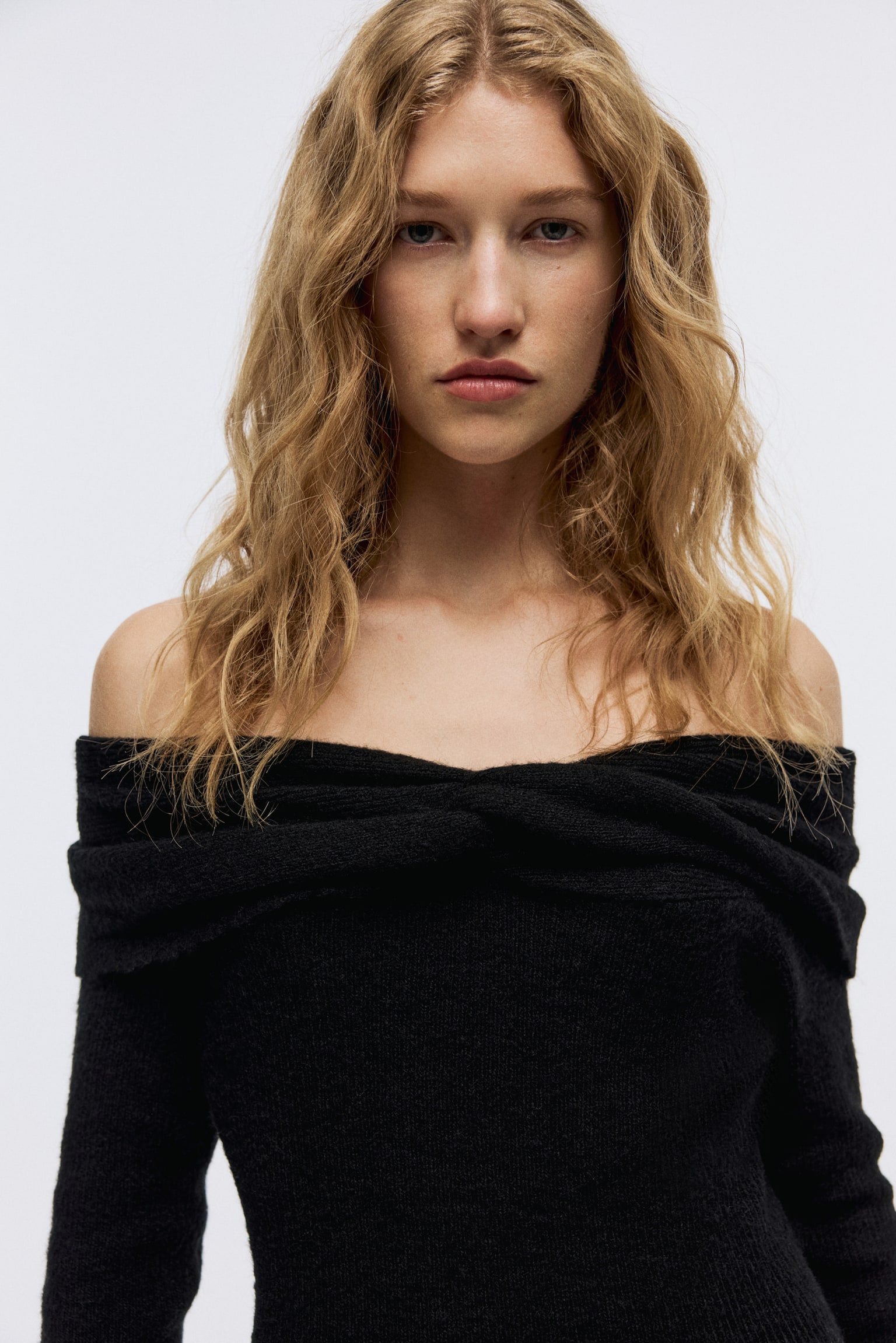 Fine-knit off-the-shoulder dress - Black/Grey marl - 3