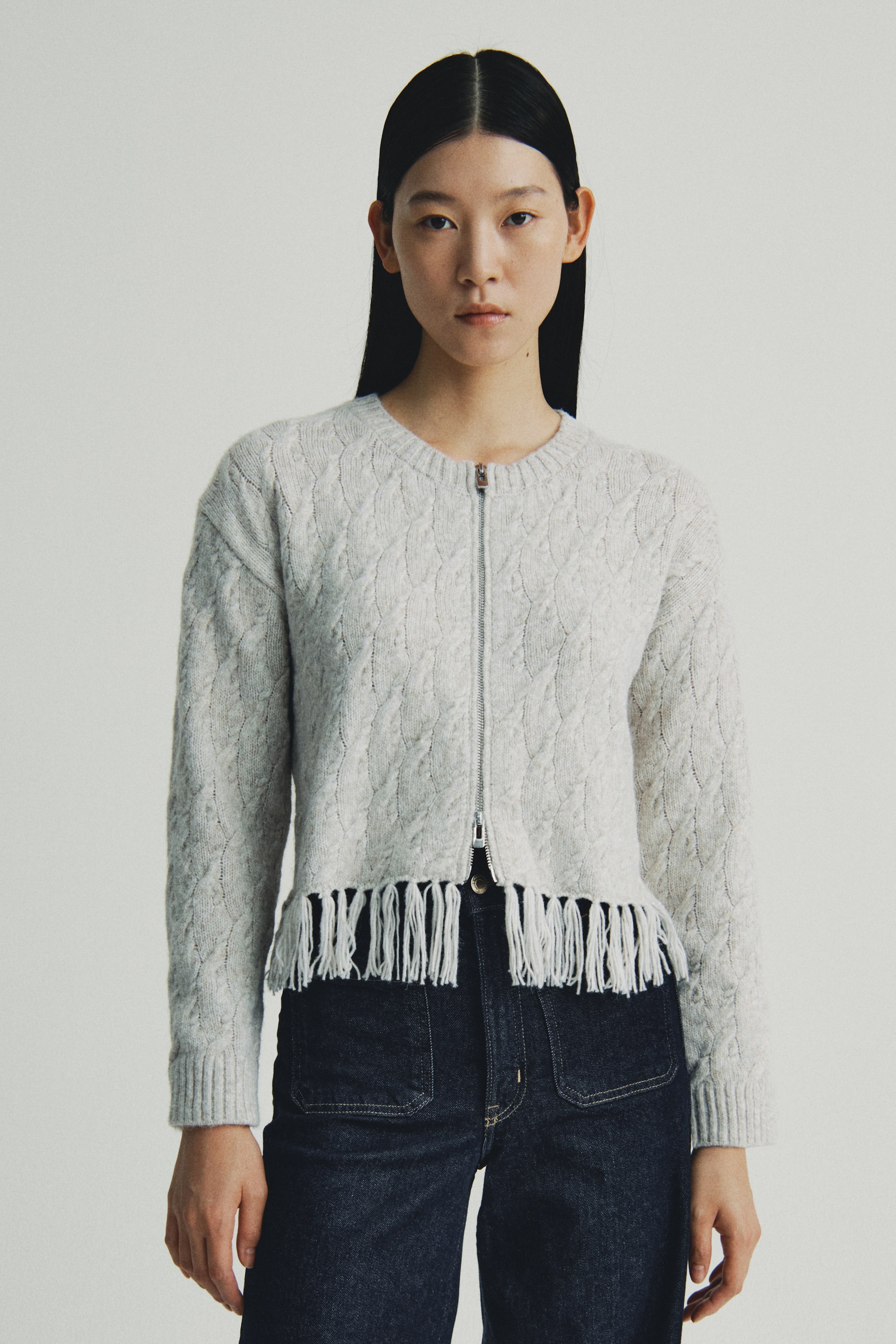 이미지 확대 보기: Fringe-trimmed cardigan - Light beige marl - 여성 | H&M KR 1