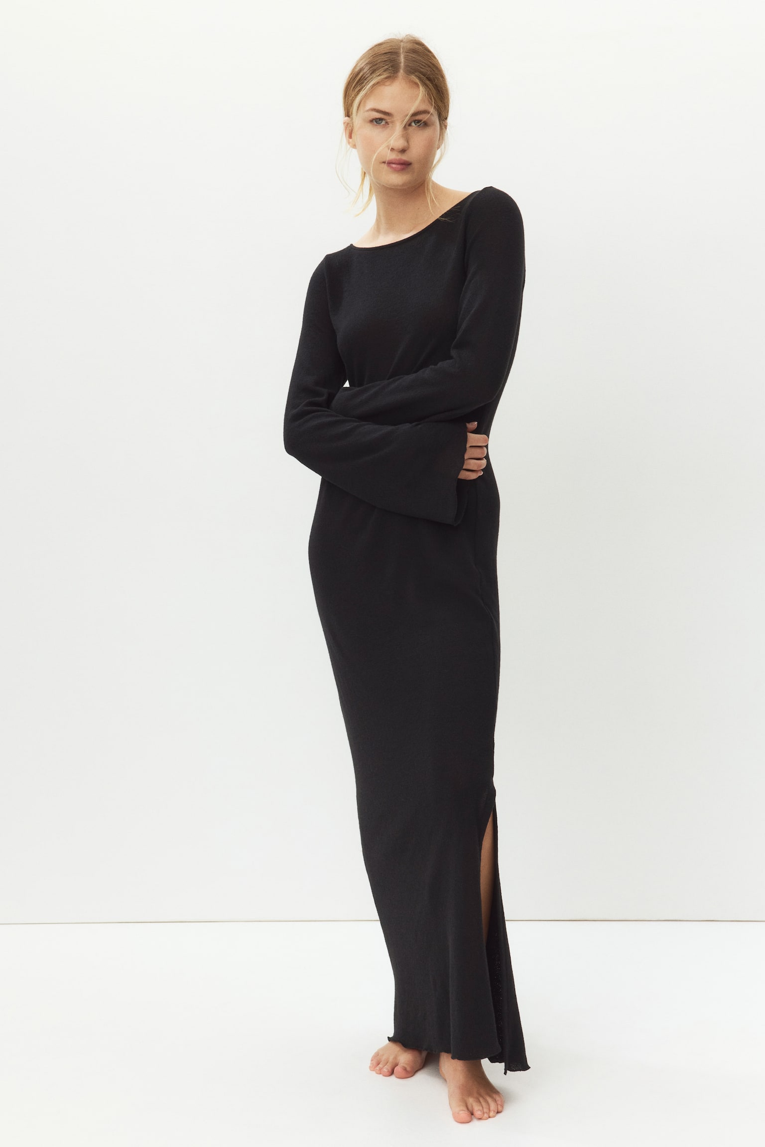 Fine-knit boat-neck dress - Black/White - 5