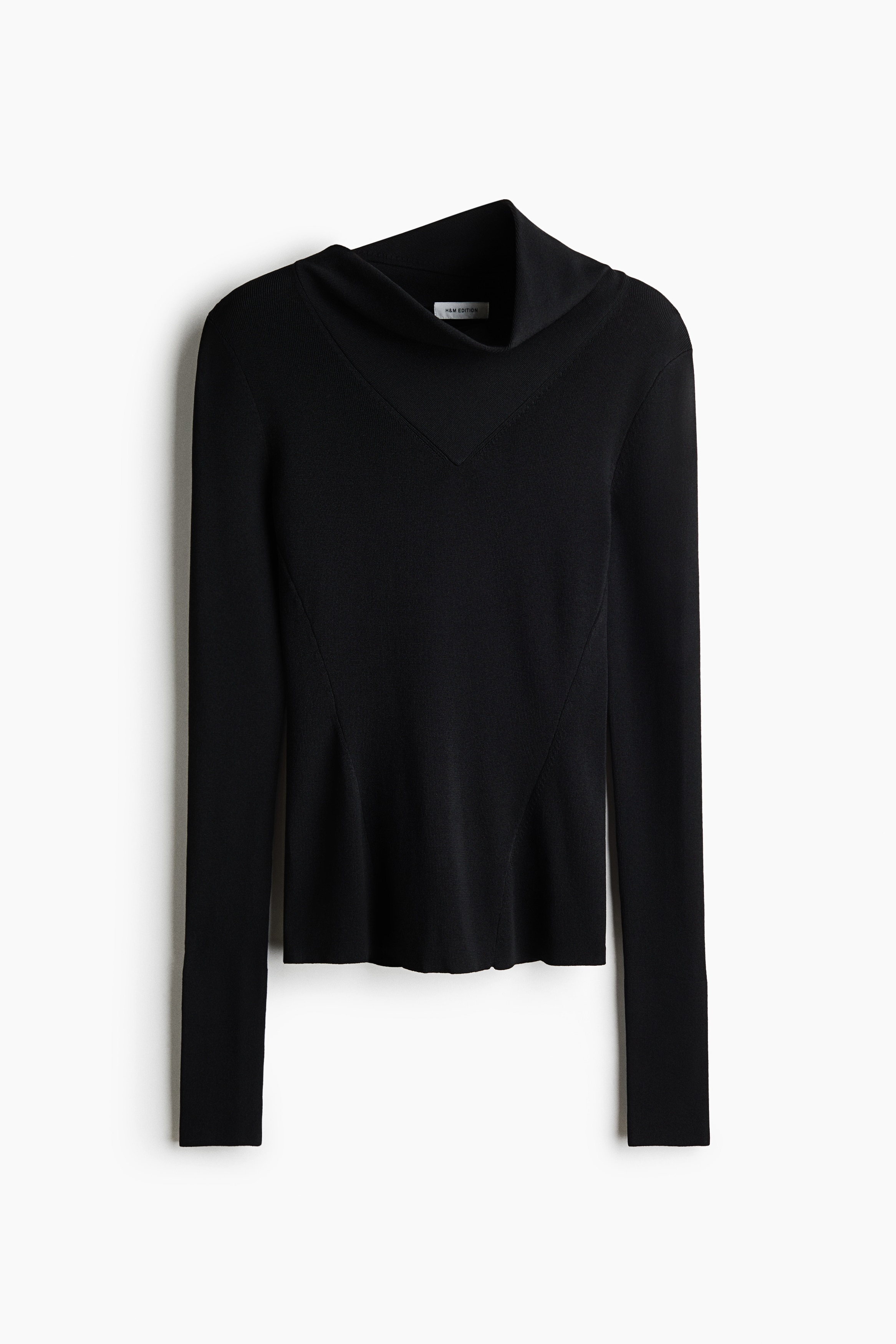 Rib-Knit Top with Asymmetric Collar - Black