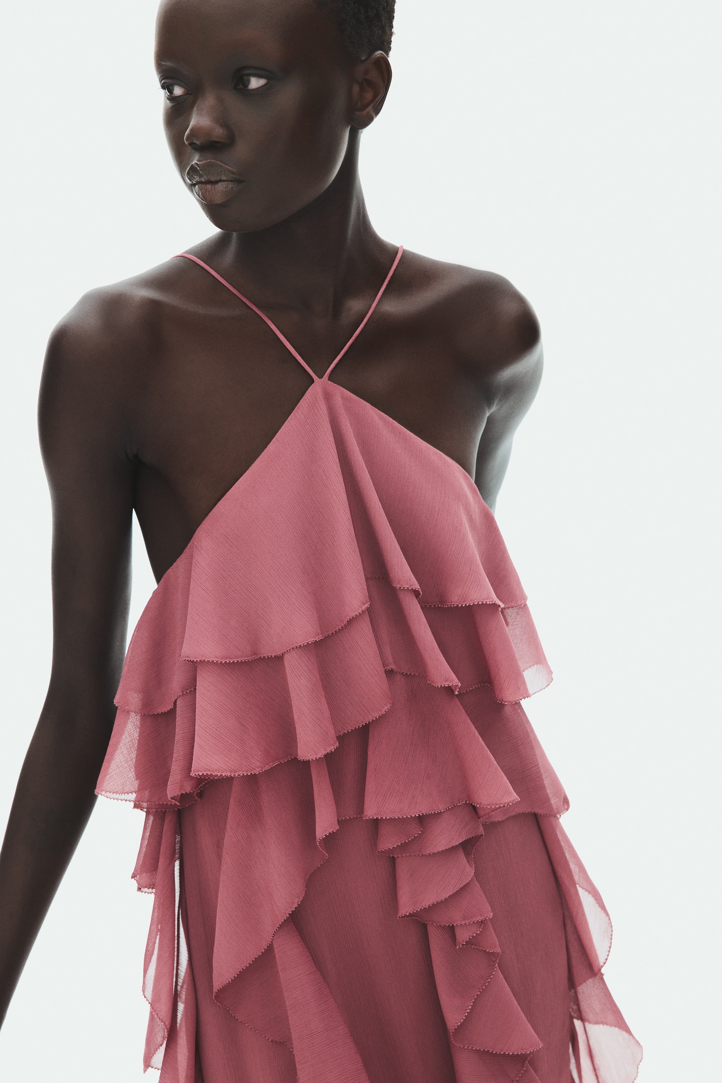 pink dress with cut out Santiago Cut-Out Ruffle Maxi Blush S Cheetah Print Bodycon Dress Size medium measures 52.75 cute floral dresses Color:Blooming Spring