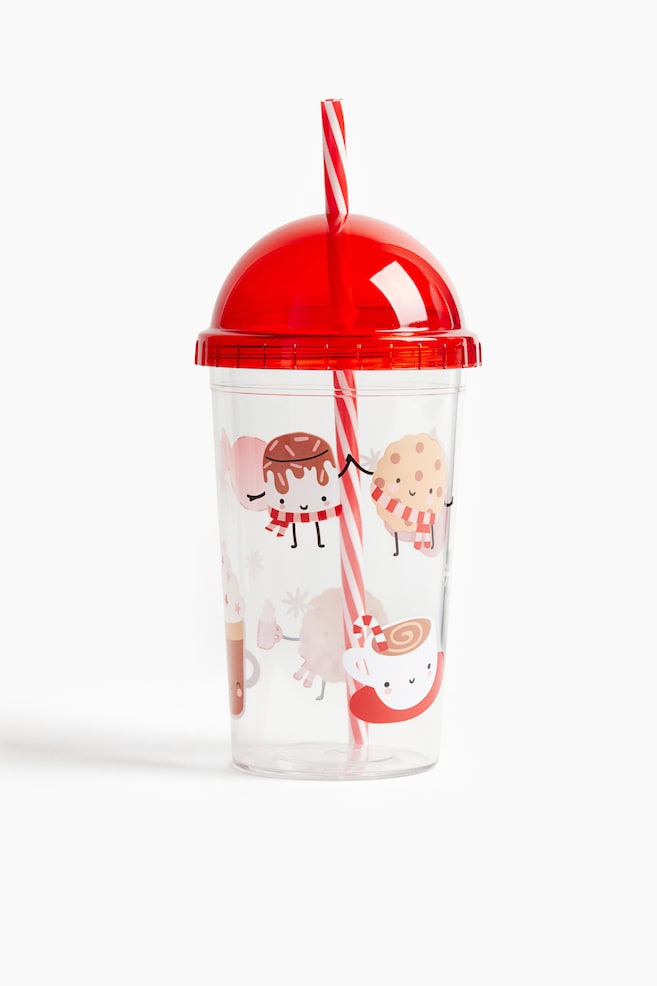 Gobelet en plastique à motif avec paille - Rouge/Noël - 1