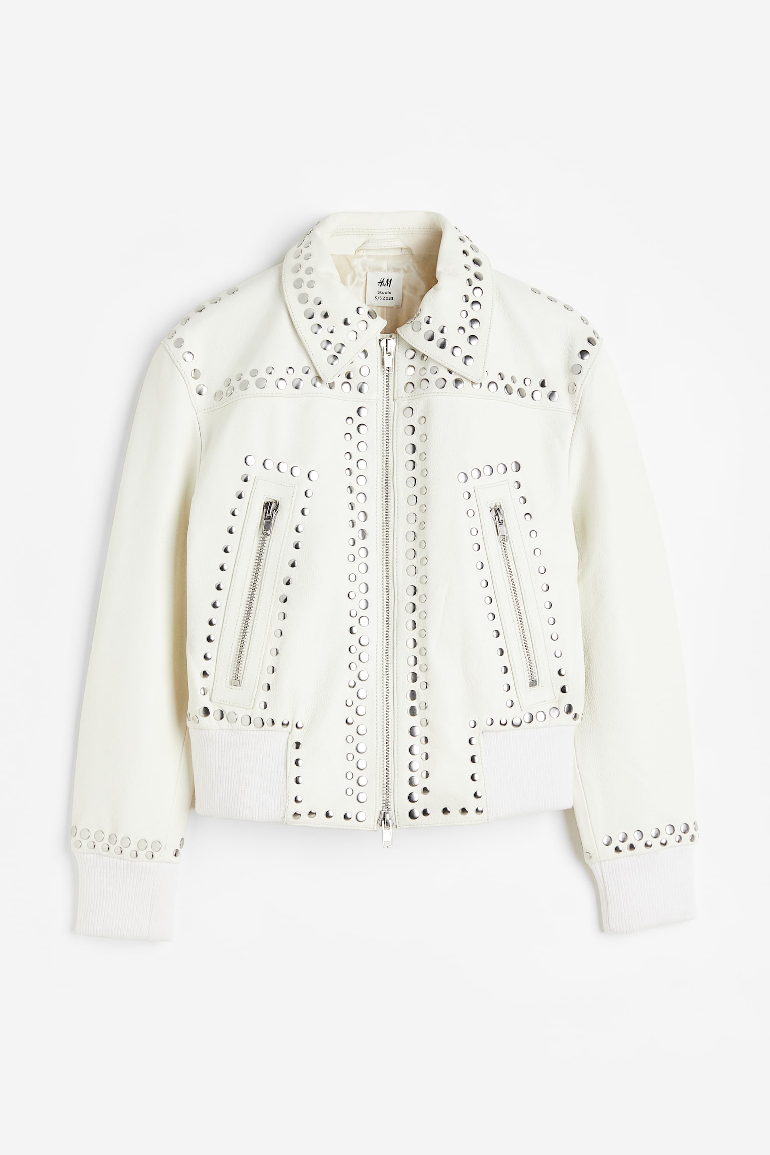 Studded Leather Biker Jacket - Cream - 1