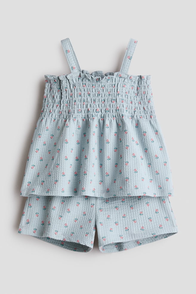 Tweedelige set van wafeltricot met print - Lichtblauw/bloemen - 1