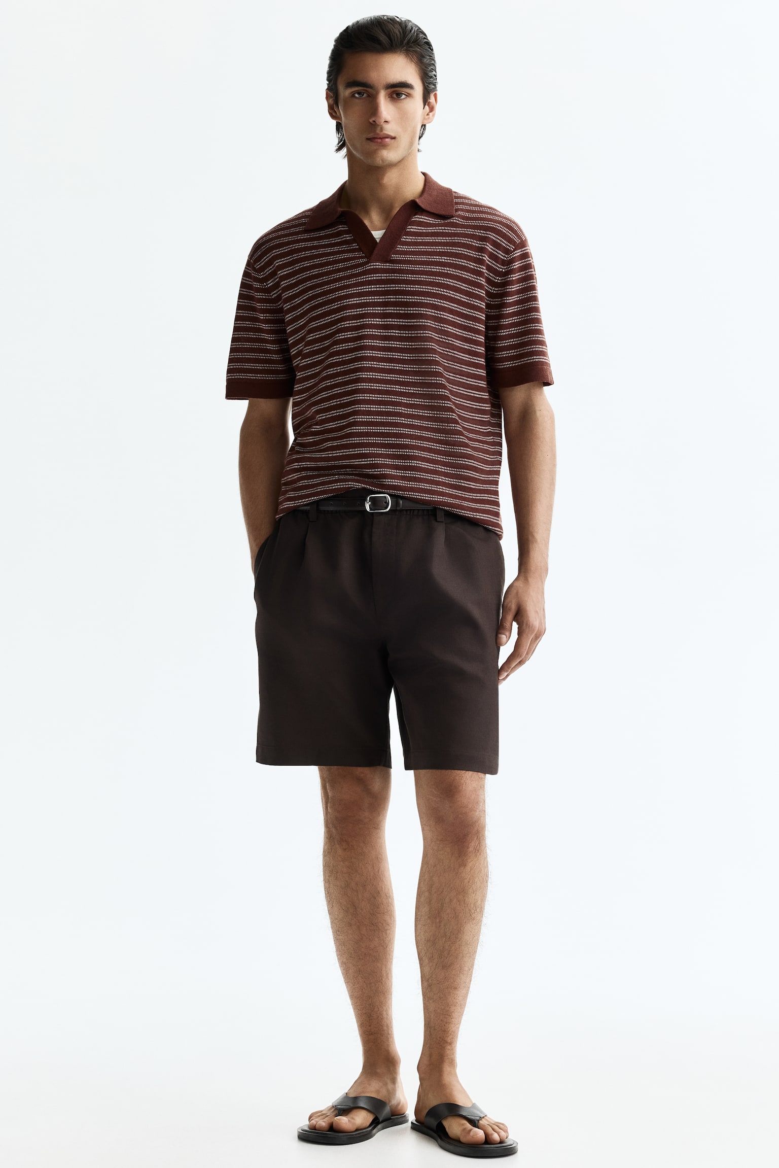 Regular Fit Linen-blend polo shirt-Brown/Striped - 3