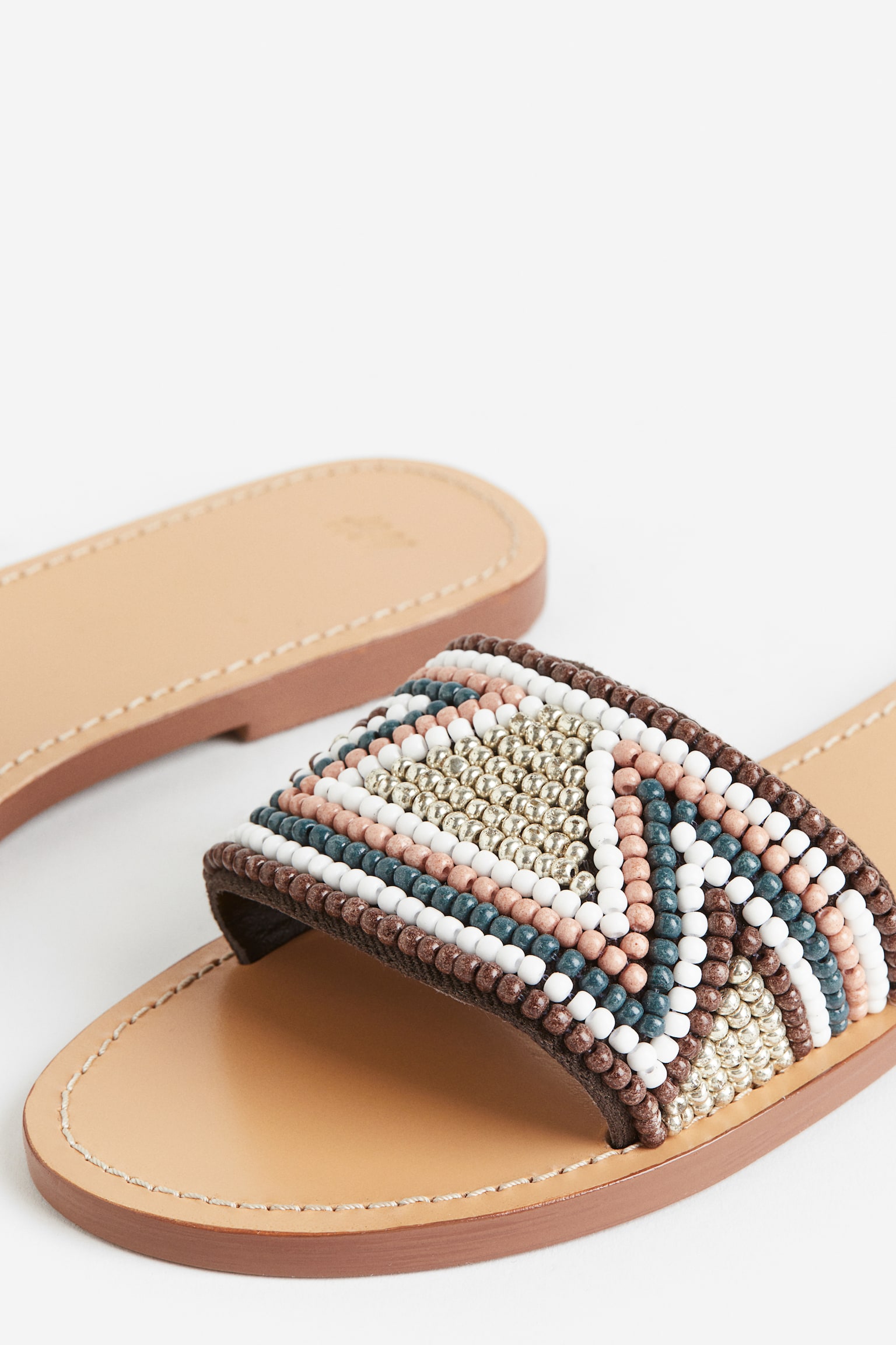 Bead Detail Leather Sandals - Beige/Pattern - 3