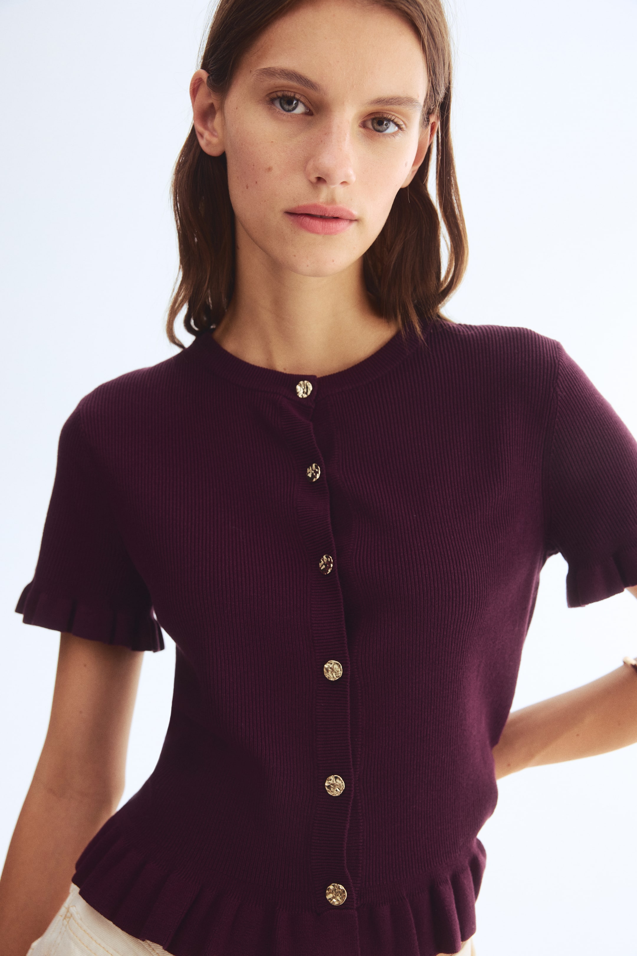 View larger image: Frill-trimmed cardigan - Plum purple - Ladies | H&M MY 1