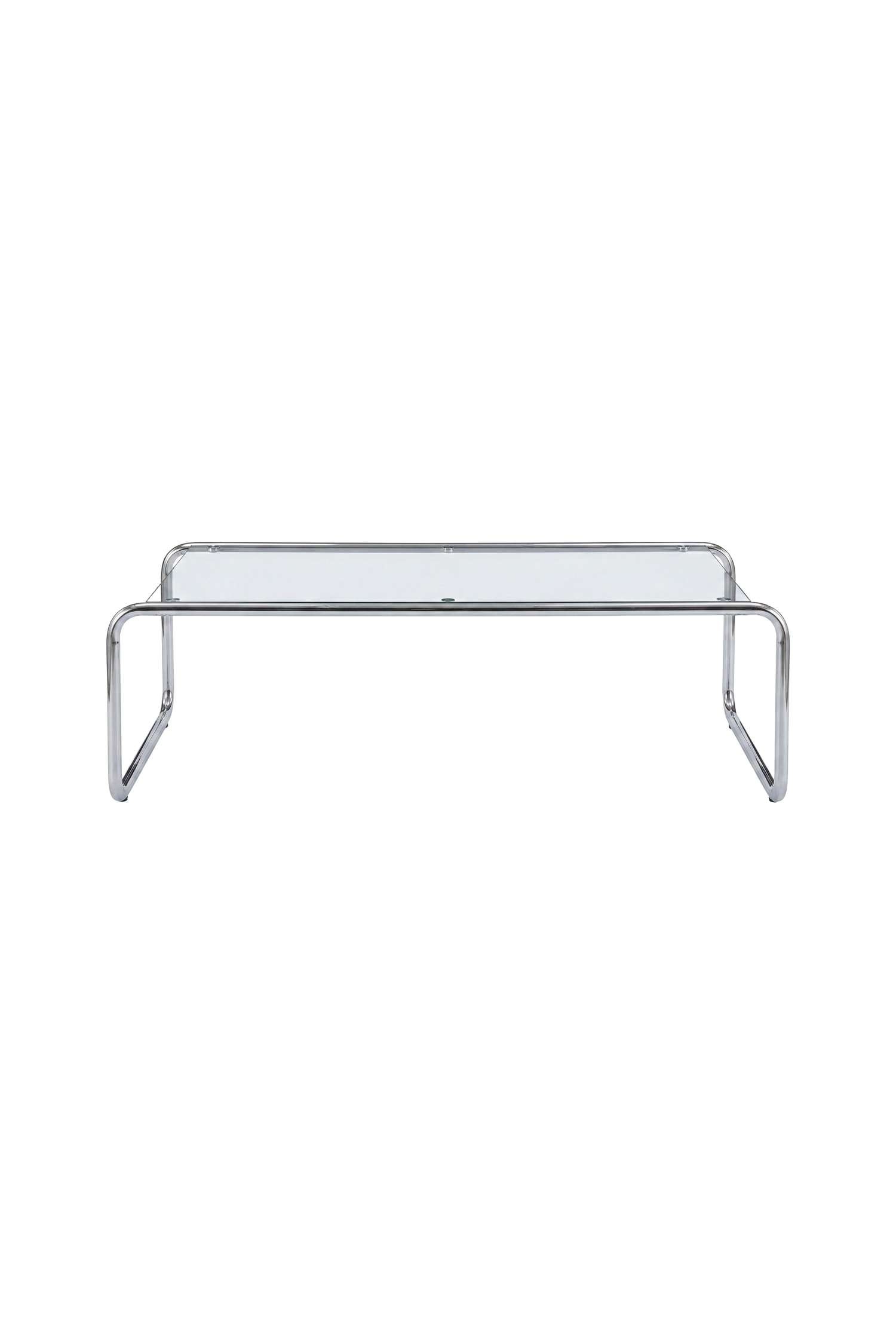De Saturnus salontafel toont een rechthoekig, transparant glazen tafelblad dat wordt ondersteund door een buisvormig metalen frame met chroomafwerking en gebogen, doorlopende sledepoten. Aan de rechterkant van het glazen oppervlak staat een bruine keramische vaas met groene, bladrijke stelen.