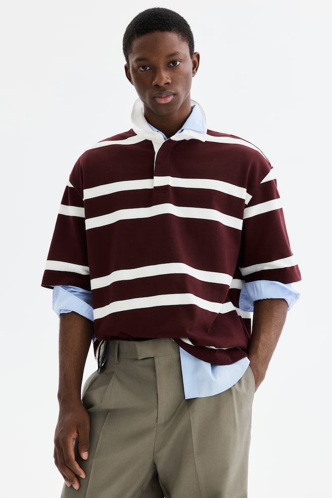 Loose-Fit Cotton Rugby Shirt - Burgundy/striped/White/striped - 2