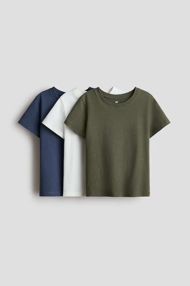 3-pack cotton T-shirts - Dark khaki green/White/White/Grey marl/Navy blue/White/Striped/Bright red/Striped/Navy blue/White/Blue/White/Khaki green/Blue/Red striped/Navy blue/Striped/Blue/Striped - 1