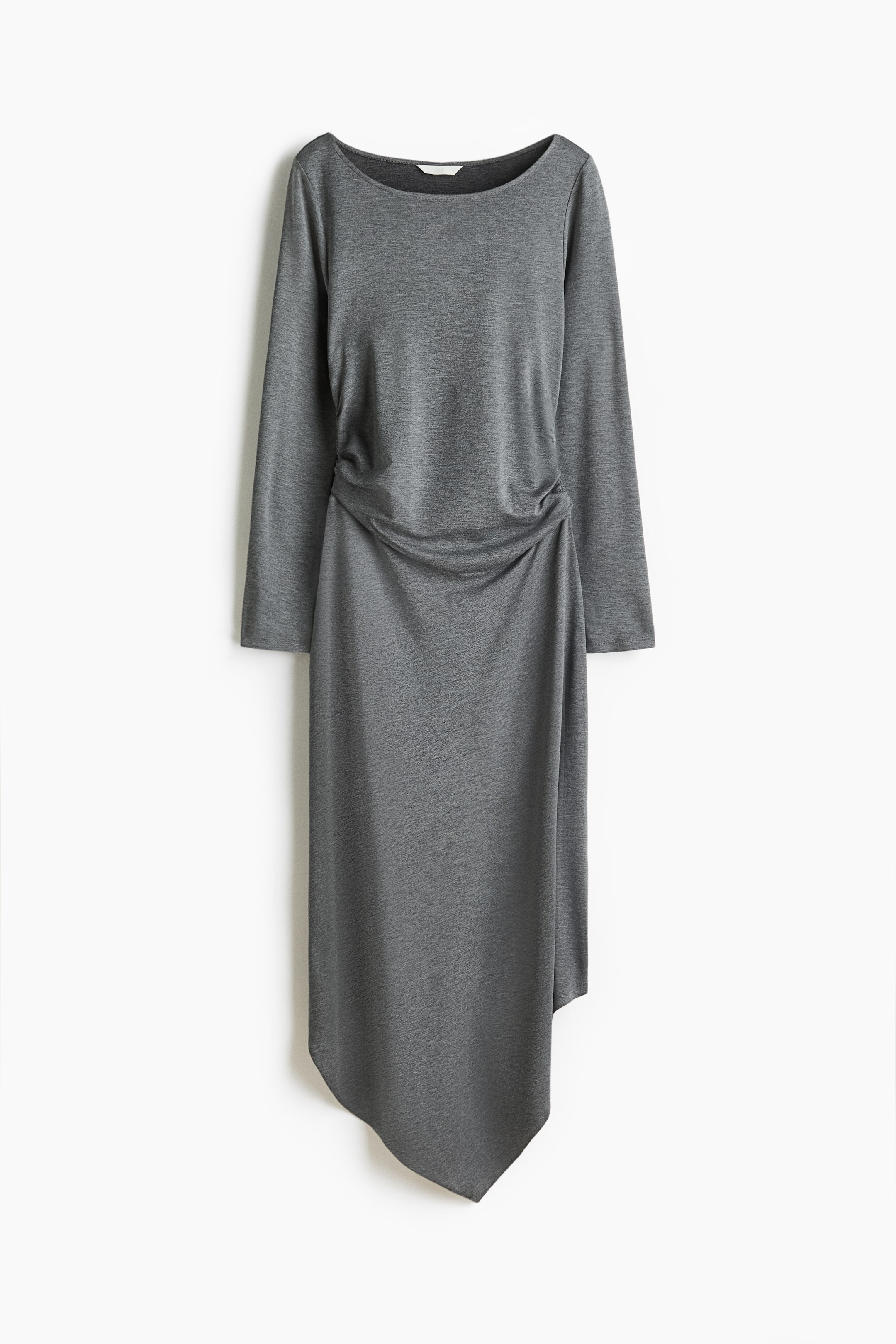 View larger image: Heathered grey long-sleeved dress featuring a boat neckline, ruched detailing at the left side of the waist, and an asymmetrical hemline with a pointed drop on the right.