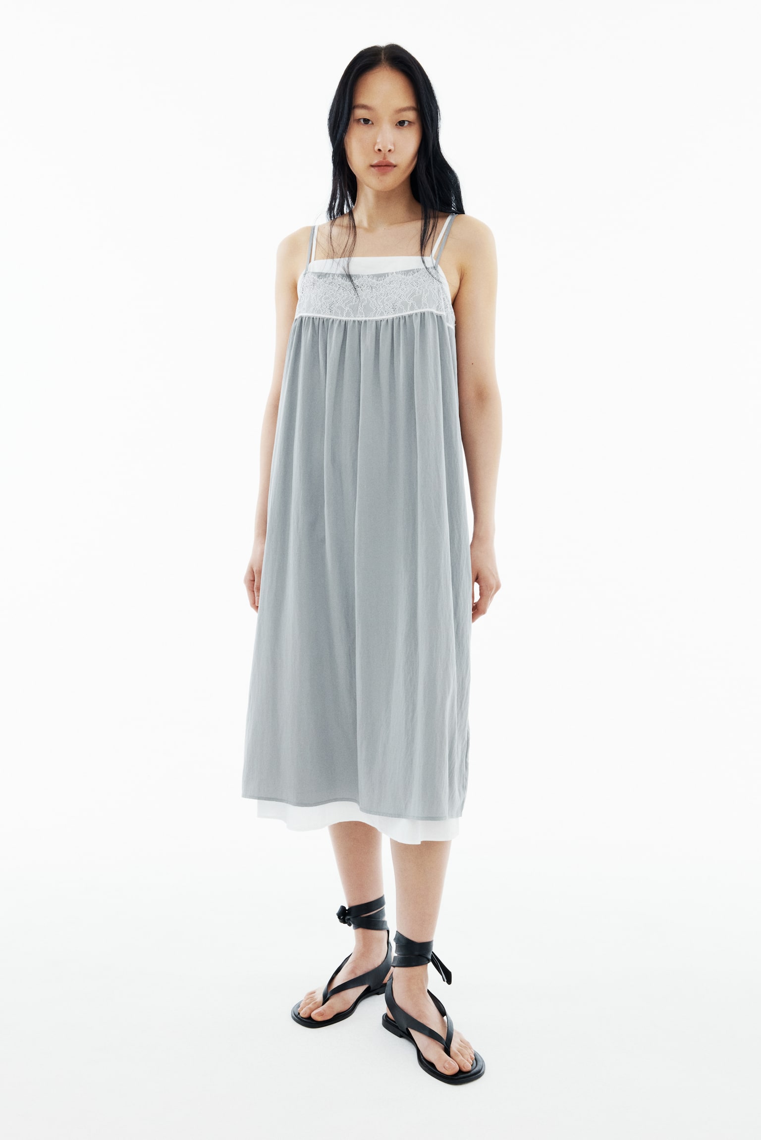 Lace-inset strappy dress - Grey/Light dusty beige - 1