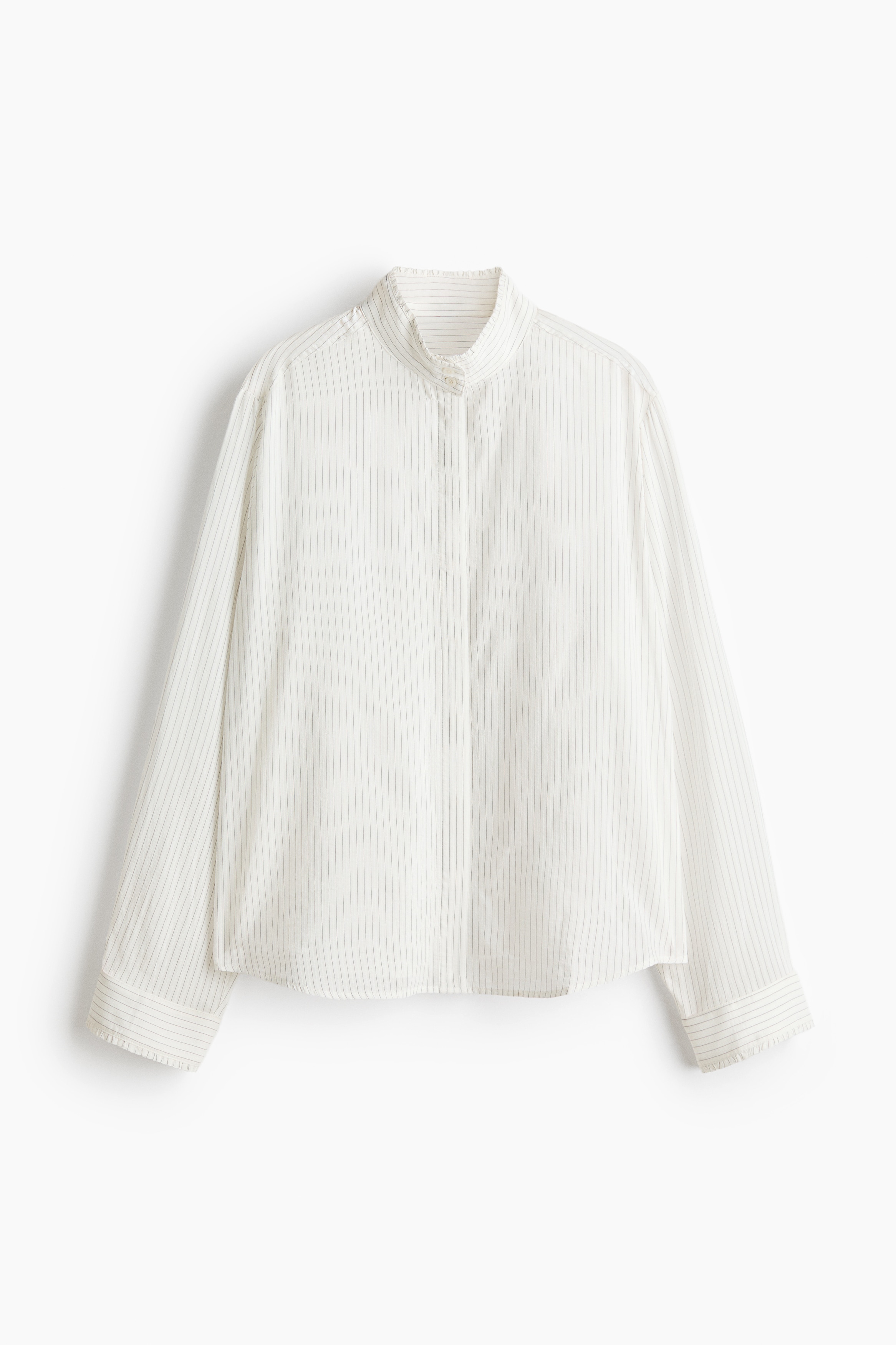 Frill-trimmed stand-collar shirt - White/Striped/Dusty purple