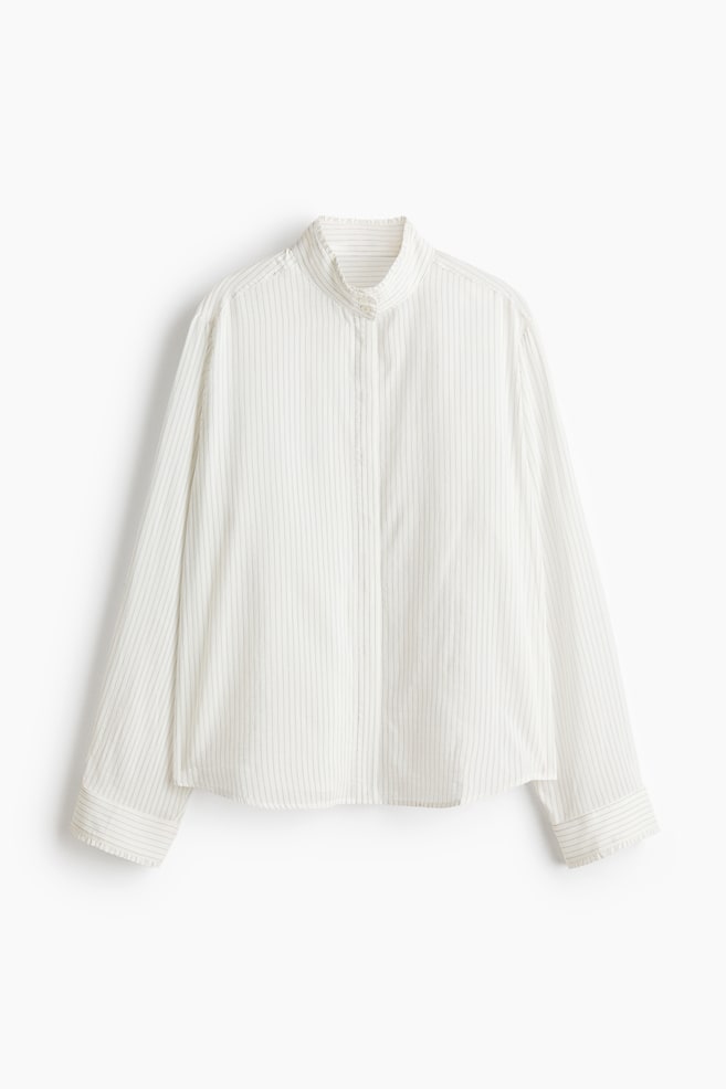 Ruffle-Trimmed Stand-Up Collar Shirt - White/striped/Dusty purple - 1