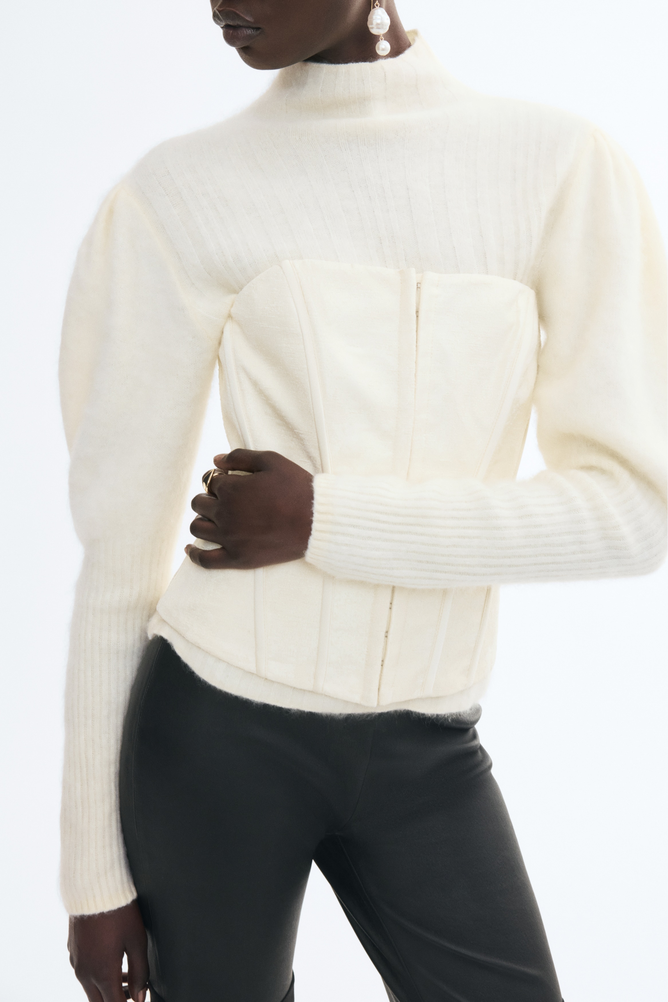Jakarlı Dokuma Korse Üst - Krem