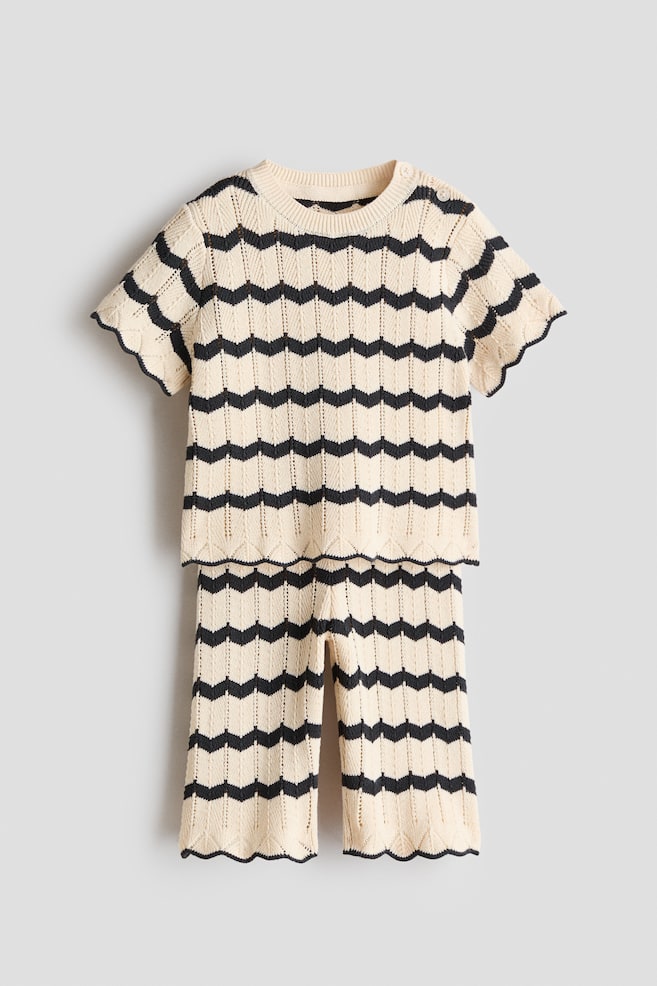 2-Piece Pointelle-Knit Cotton Set - Light beige/striped/Light beige/pink striped/Light beige/striped/White/lemons/Light brown - 1