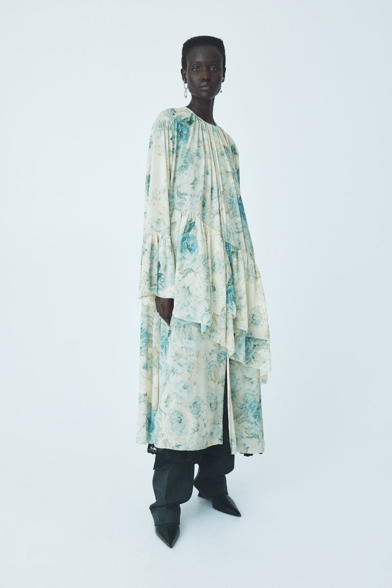 Women's Light yellow/floral Ruffled Chiffon Dress | H&M US