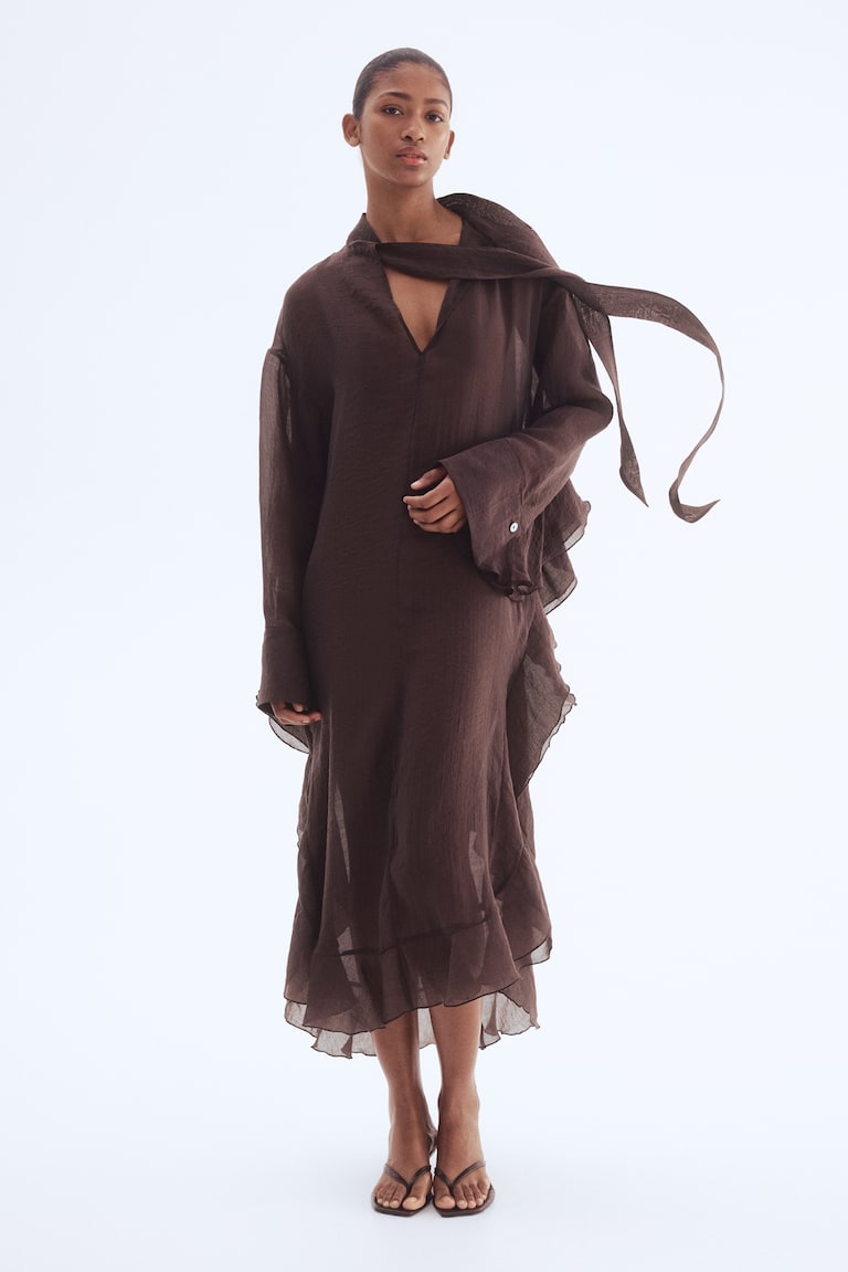 Women's Dark brown Tie-neck kaftan dress